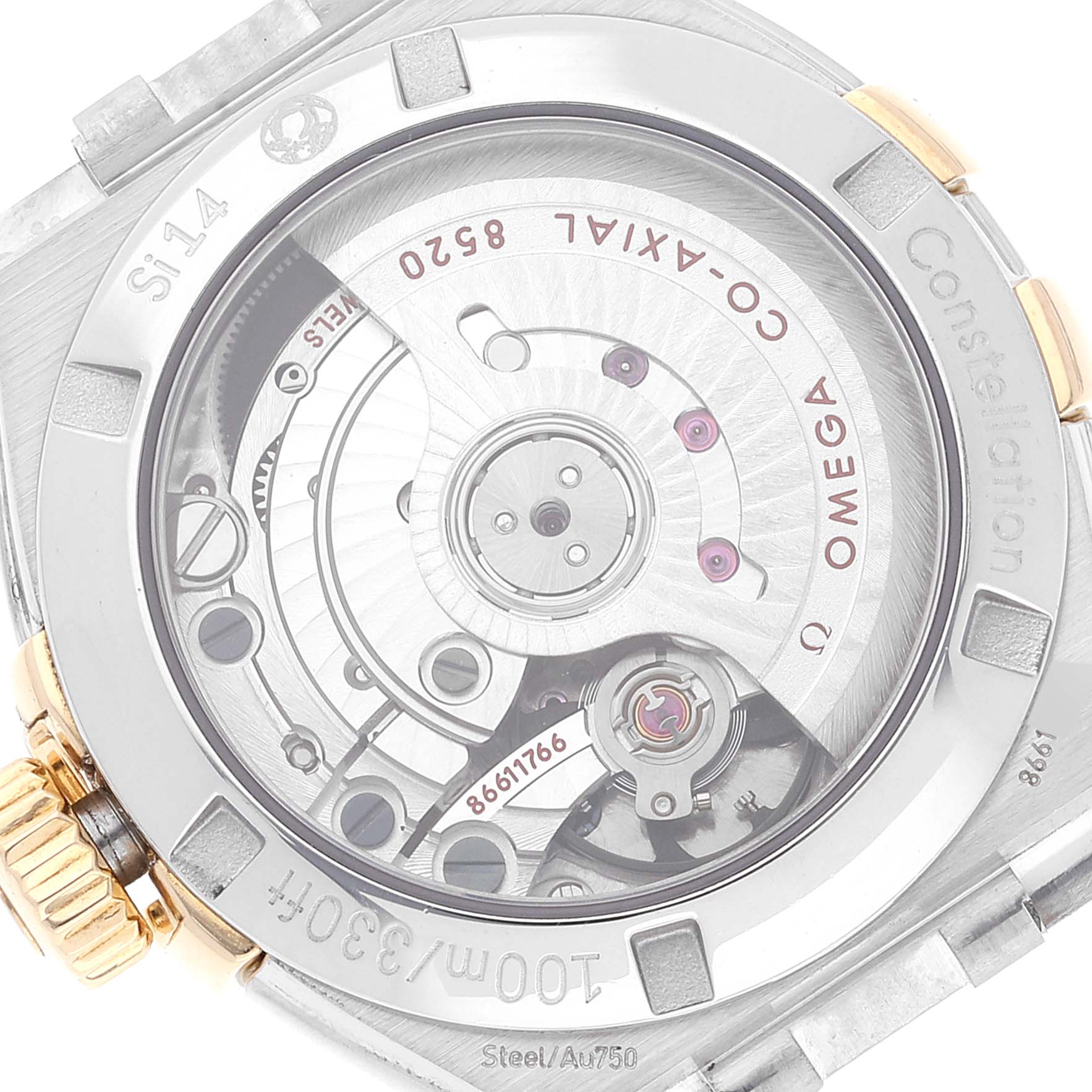 The image shows the back view of the Omega 123.25.27.20.55.004 Women's Steel and Gold (two tone) Mother of Pearl Dial 123.25.27.20.55.004 Women's Steel and Gold (two tone) Mother of Pearl Dial Constellation Steel Yellow Gold Diamond Watch 123.25.27.20.55.004, highlighting the movement.