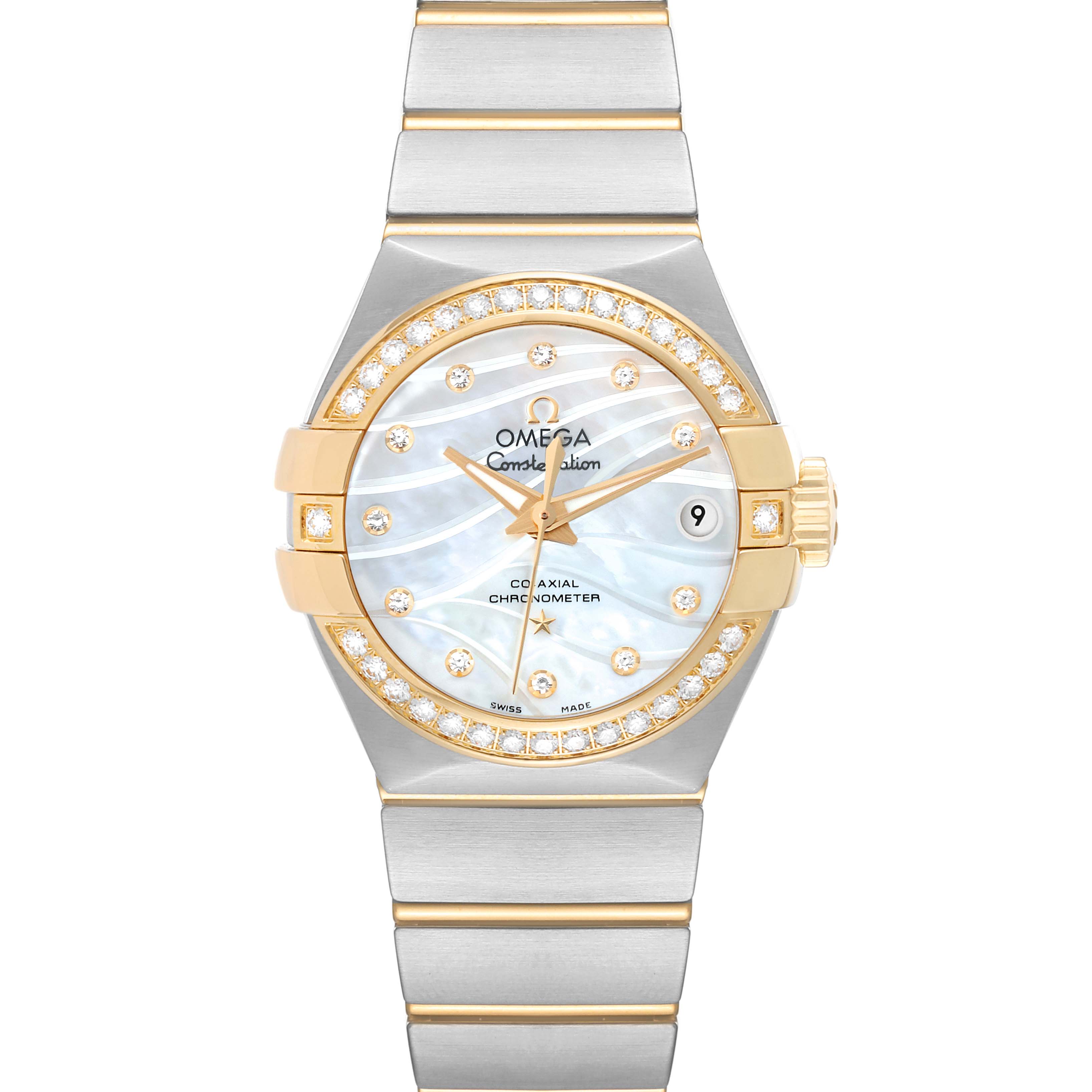 The Omega 123.25.27.20.55.004 Women's Steel and Gold (two tone) Mother of Pearl Dial 123.25.27.20.55.004 Women's Steel and Gold (two tone) Mother of Pearl Dial Constellation Steel Yellow Gold Diamond Watch 123.25.27.20.55.004 is shown from a top-down angle, revealing the full watch face and band.