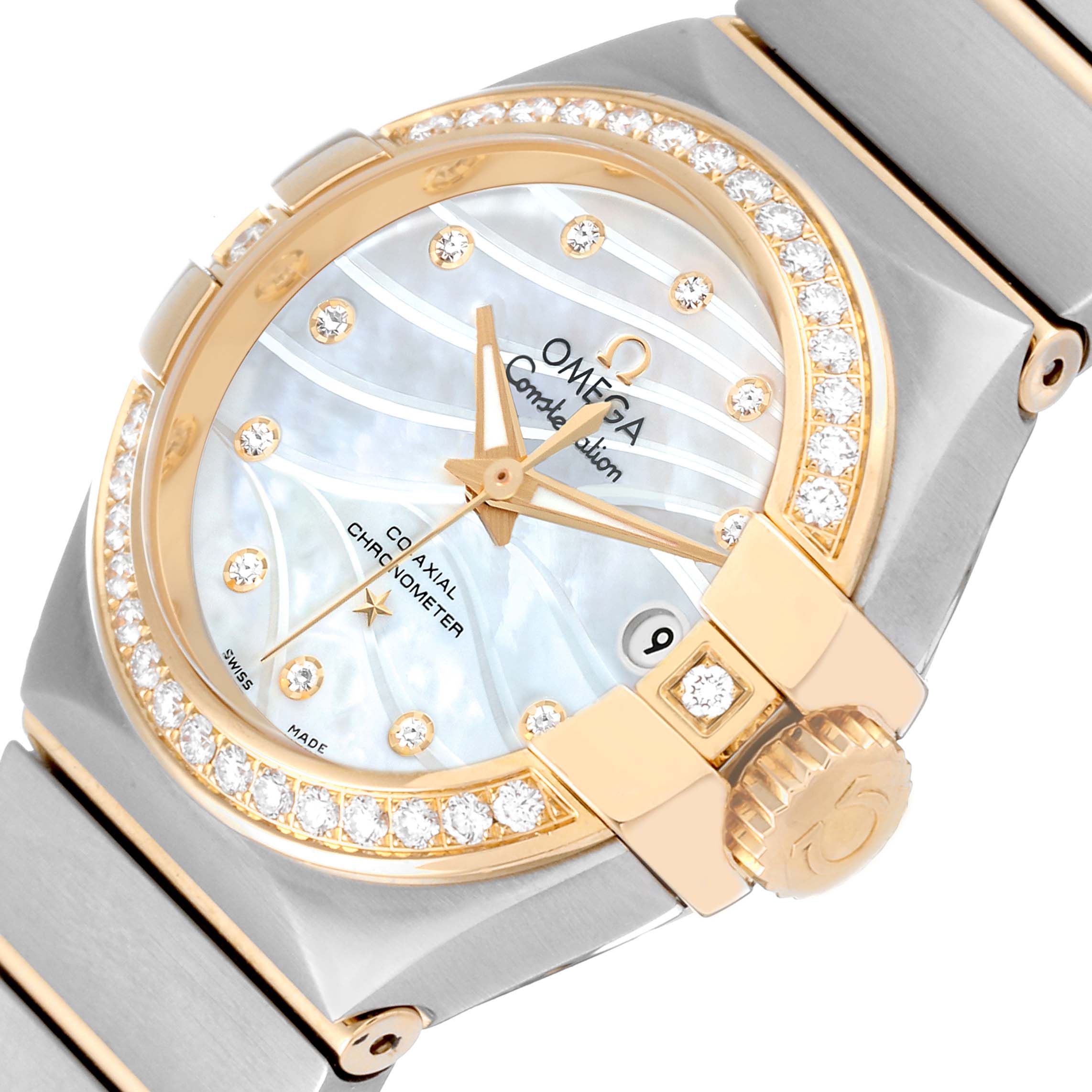 The image shows a close-up of the dial and bezel of the Omega 123.25.27.20.55.004 Women's Steel and Gold (two tone) Mother of Pearl Dial 123.25.27.20.55.004 Women's Steel and Gold (two tone) Mother of Pearl Dial Constellation Steel Yellow Gold Diamond Watch 123.25.27.20.55.004.