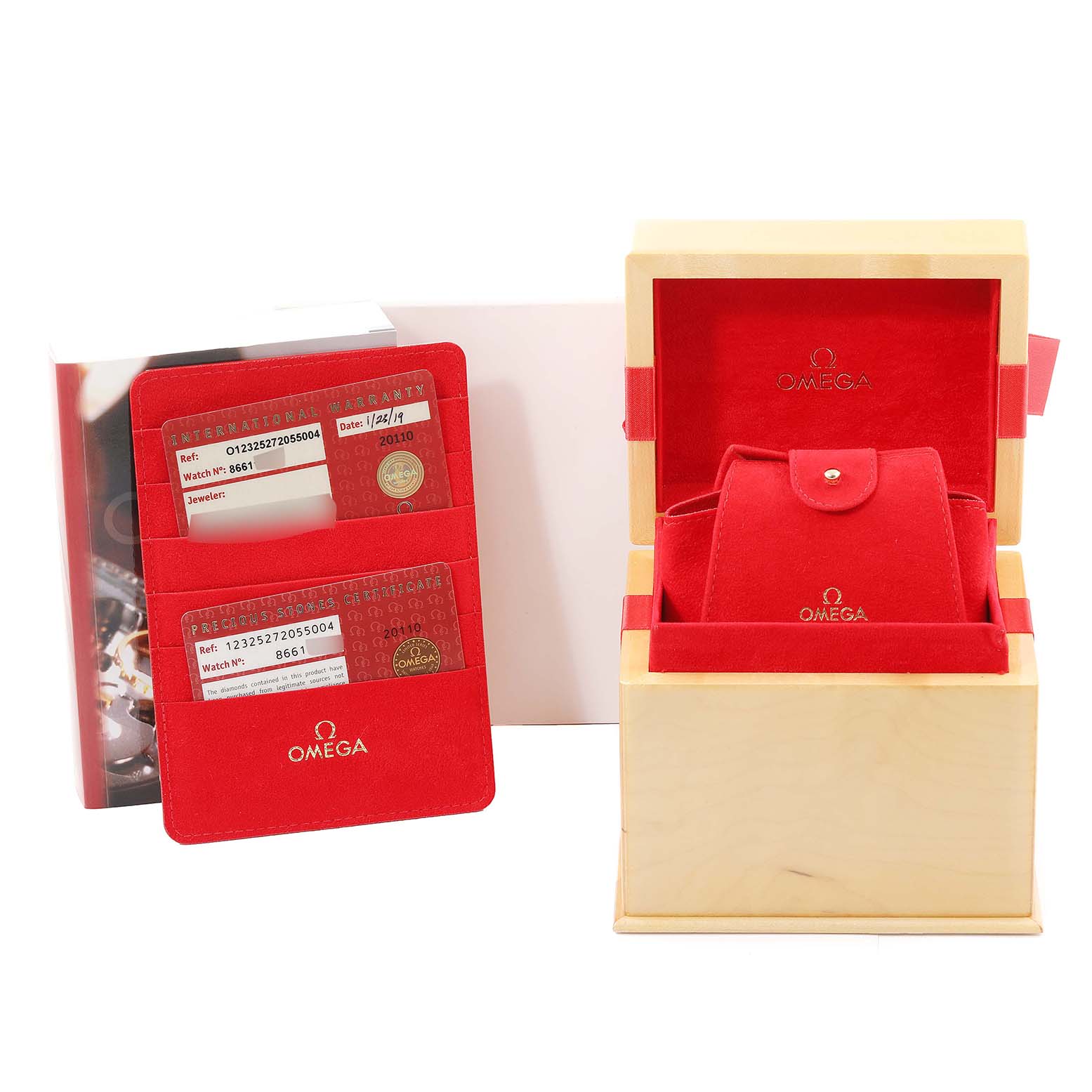 The image shows the box, warranty cards, card holder, and pouch for the Omega 123.25.27.20.55.004 Women's Steel and Gold (two tone) Mother of Pearl Dial 123.25.27.20.55.004 Women's Steel and Gold (two tone) Mother of Pearl Dial Constellation Steel Yellow Gold Diamond Watch 123.25.27.20.55.004.