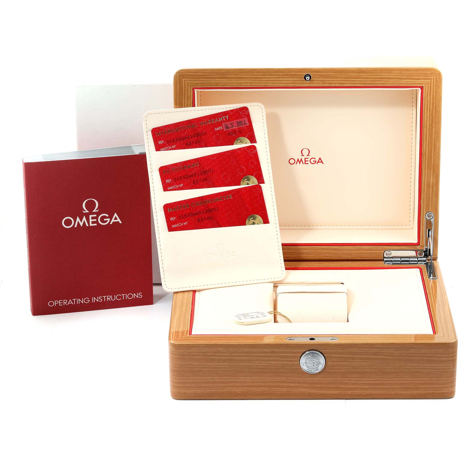 The image shows an Omega Planet Ocean 215.30.46.51.03.001 Men's Stainless Steel Blue Dial 215.30.46.51.03.001 Men's Stainless Steel Blue Dial watch box, warranty cards, and operating manual from a front angle.