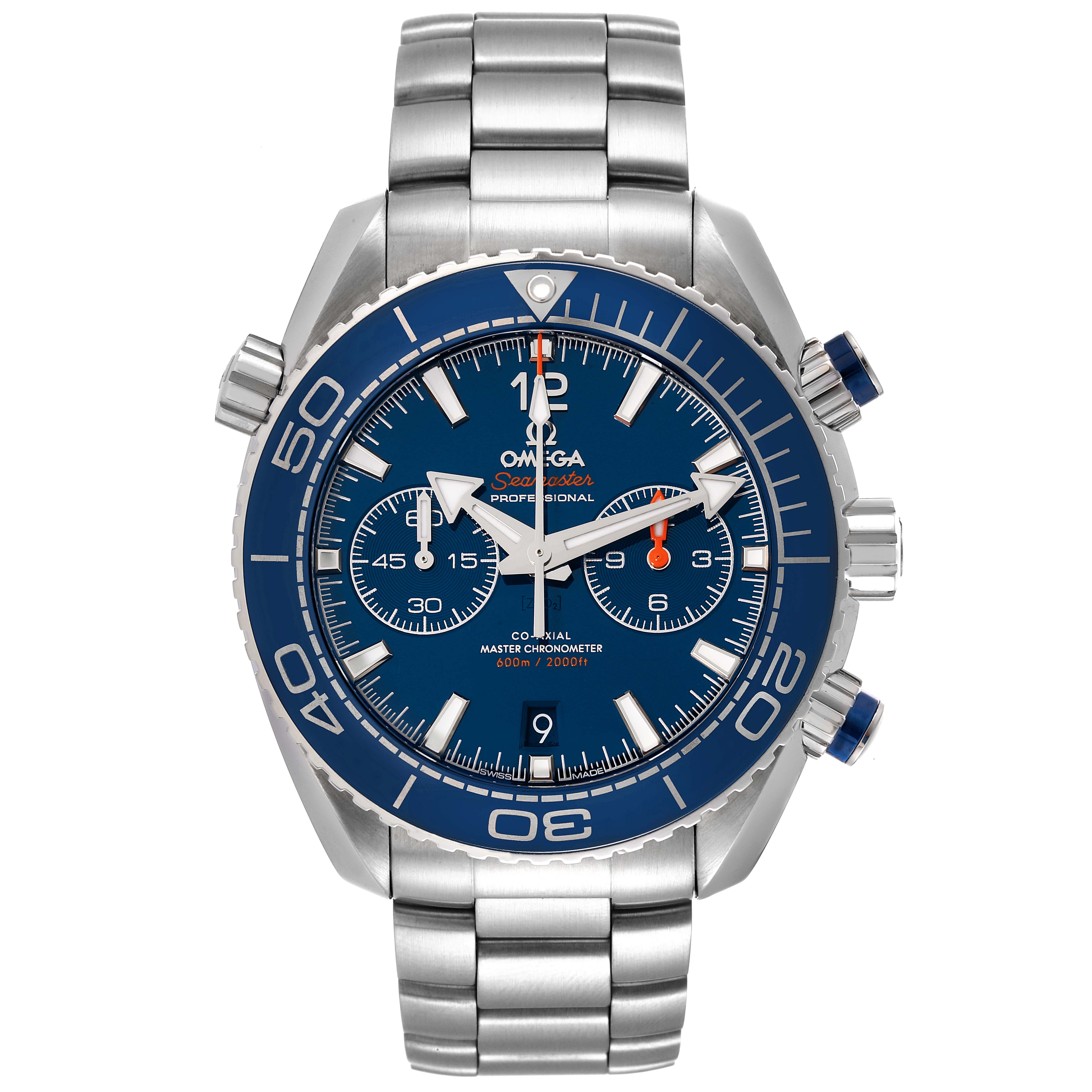 This is a front view of the Omega Planet Ocean 215.30.46.51.03.001 Men's Stainless Steel Blue Dial 215.30.46.51.03.001 Men's Stainless Steel Blue Dial watch displaying its full face, band, and controls.