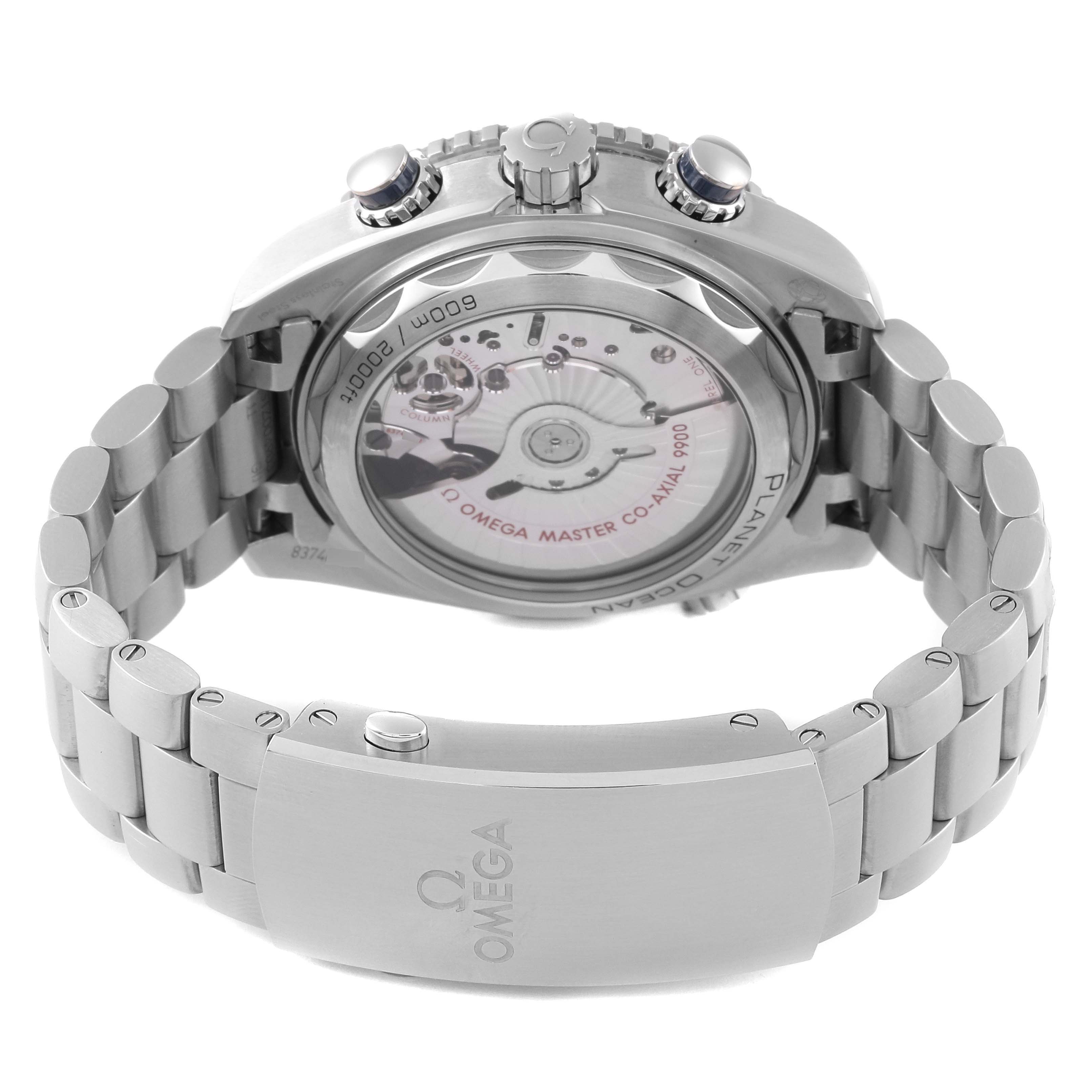 This image of the Omega Planet Ocean 215.30.46.51.03.001 Men's Stainless Steel Blue Dial 215.30.46.51.03.001 Men's Stainless Steel Blue Dial watch shows the back case, displaying the movement, and part of the stainless steel bracelet with clasp.