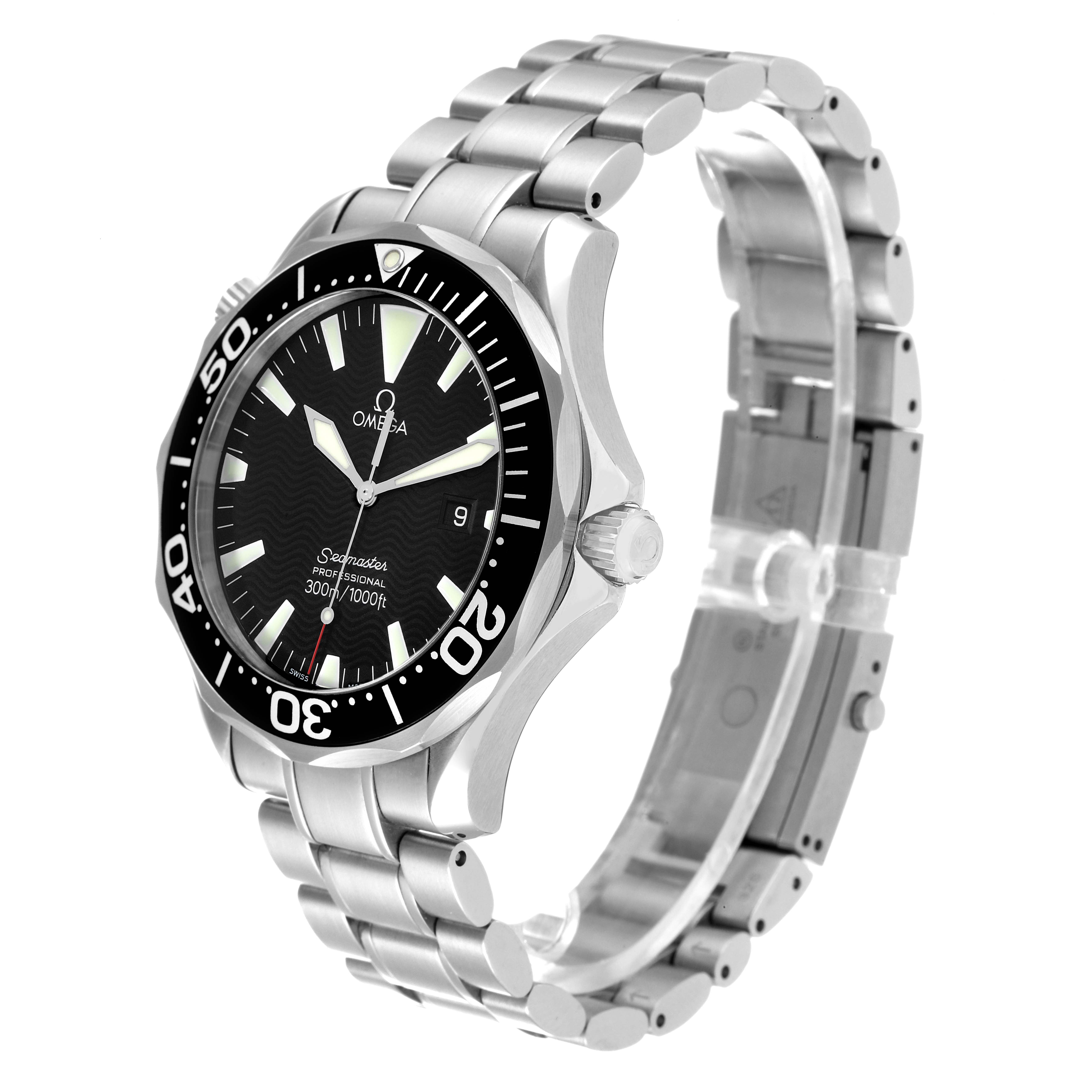 The image shows a side and front angle of an Omega Seamaster 2264.50.00 Men's Stainless Steel Black Dial 2264.50.00 Men's Stainless Steel Black Dial watch with a stainless steel bracelet.