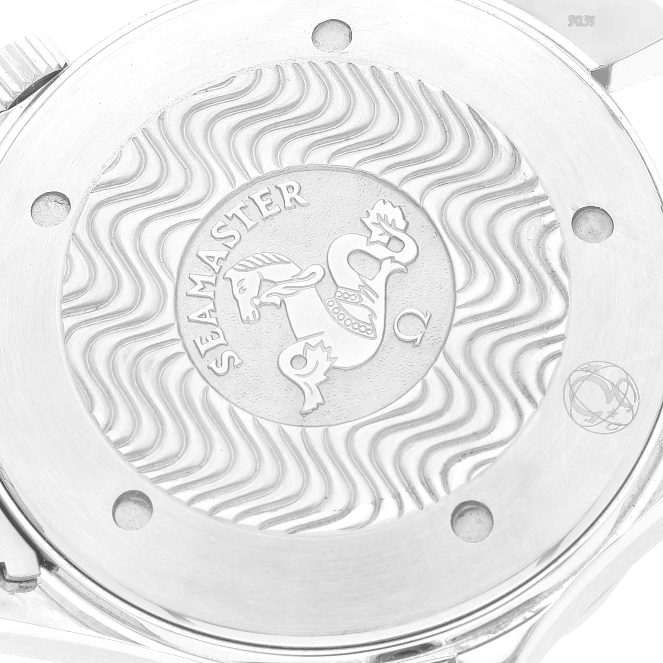 This image shows the case back of an Omega Seamaster 2264.50.00 Men's Stainless Steel Black Dial 2264.50.00 Men's Stainless Steel Black Dial watch, featuring a distinctive wave pattern and emblem.