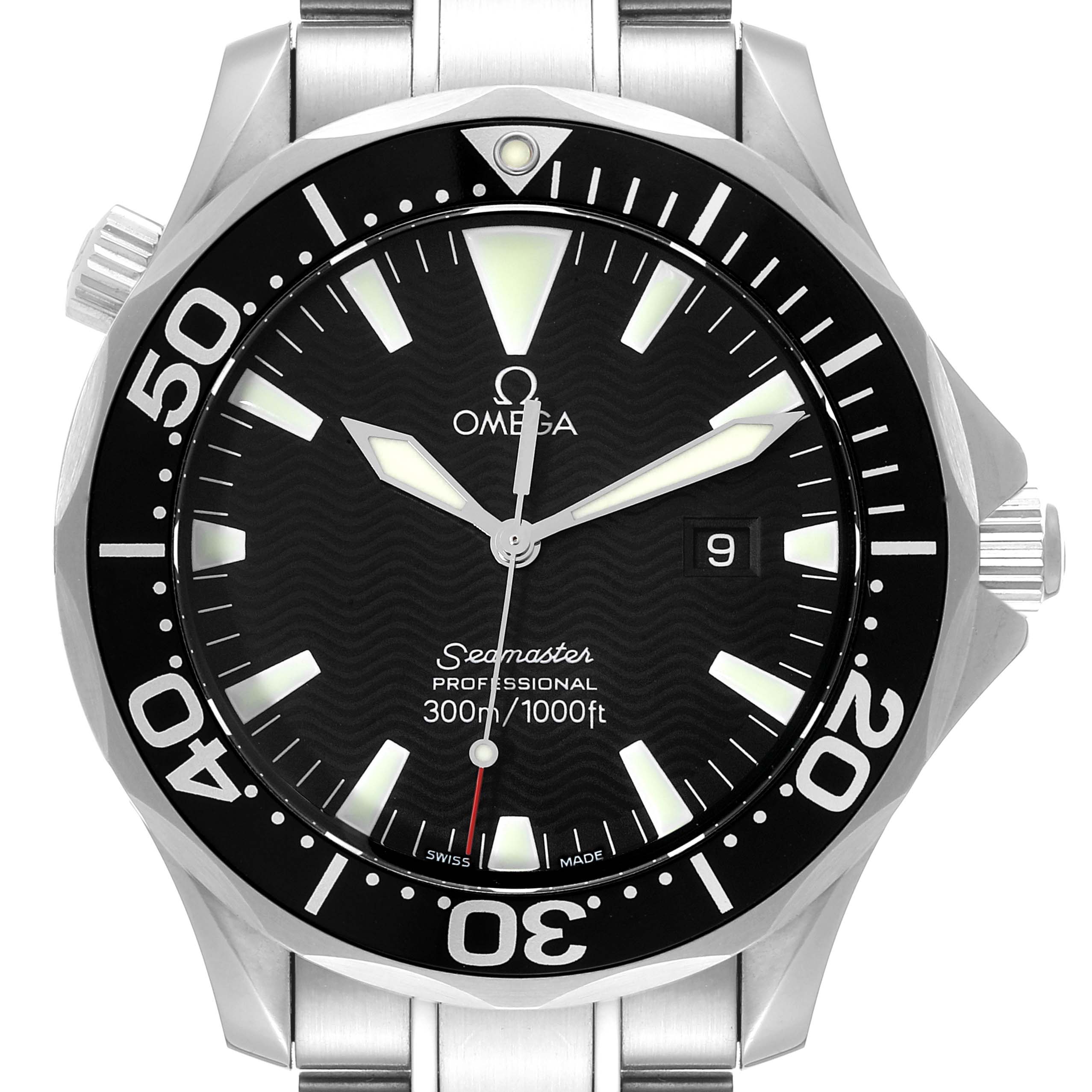 This image shows the front view of an Omega Seamaster 2264.50.00 Men's Stainless Steel Black Dial 2264.50.00 Men's Stainless Steel Black Dial watch, displaying the dial, bezel, crown, and part of the metal bracelet.