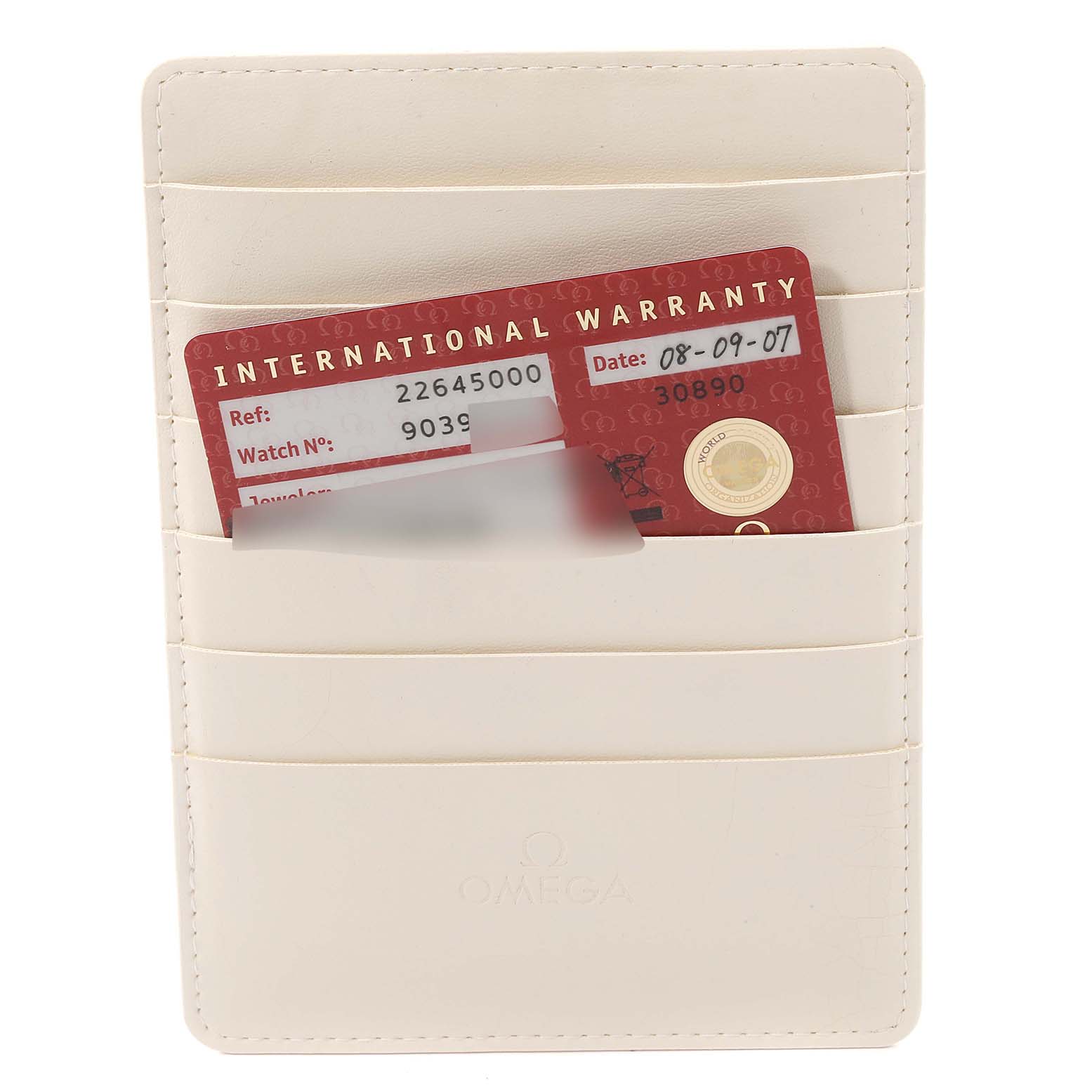 This image shows an Omega Seamaster 2264.50.00 Men's Stainless Steel Black Dial 2264.50.00 Men's Stainless Steel Black Dial international warranty card in a white cardholder.