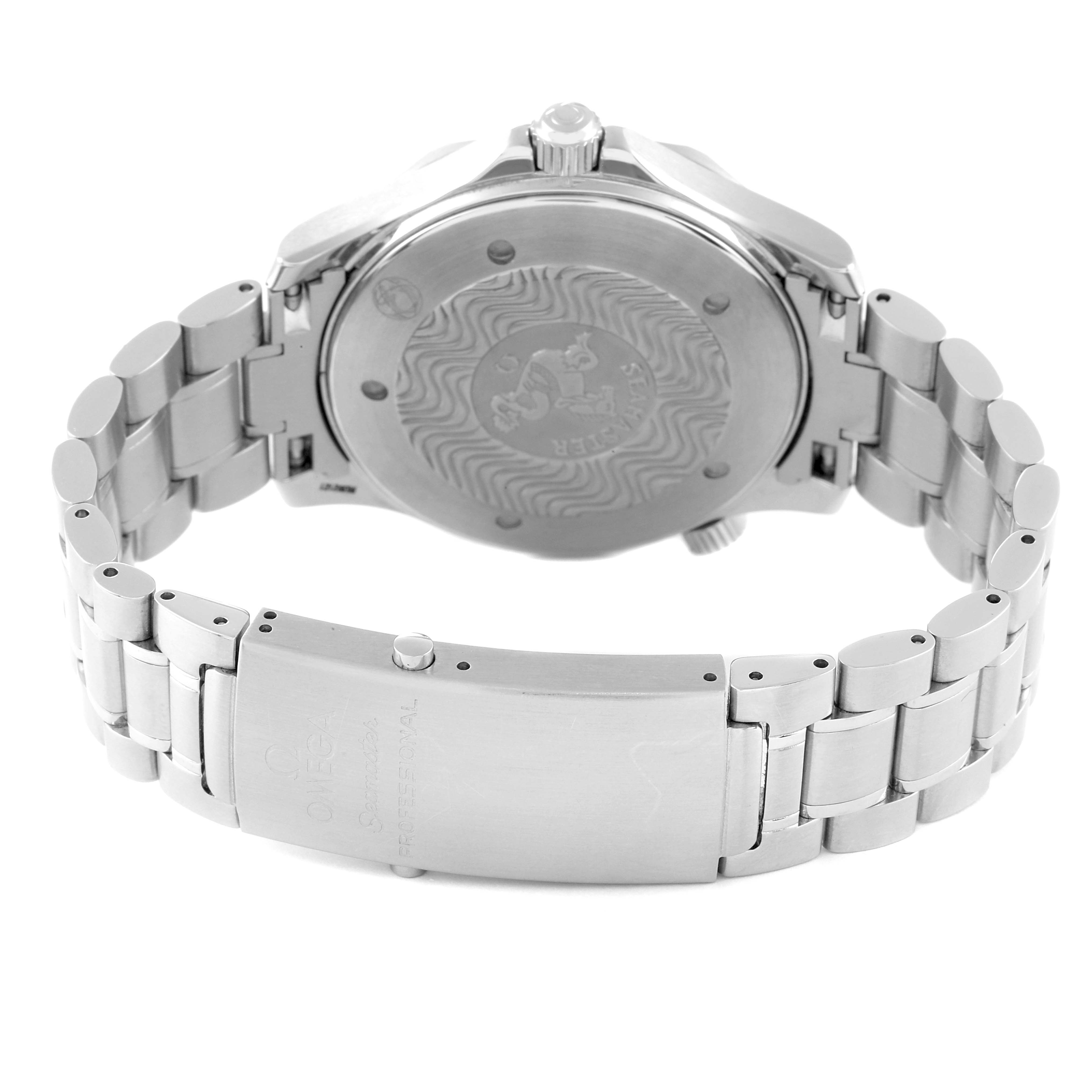 The image shows the back case and clasp of an Omega Seamaster 2264.50.00 Men's Stainless Steel Black Dial 2264.50.00 Men's Stainless Steel Black Dial watch, highlighting its bracelet and caseback details.