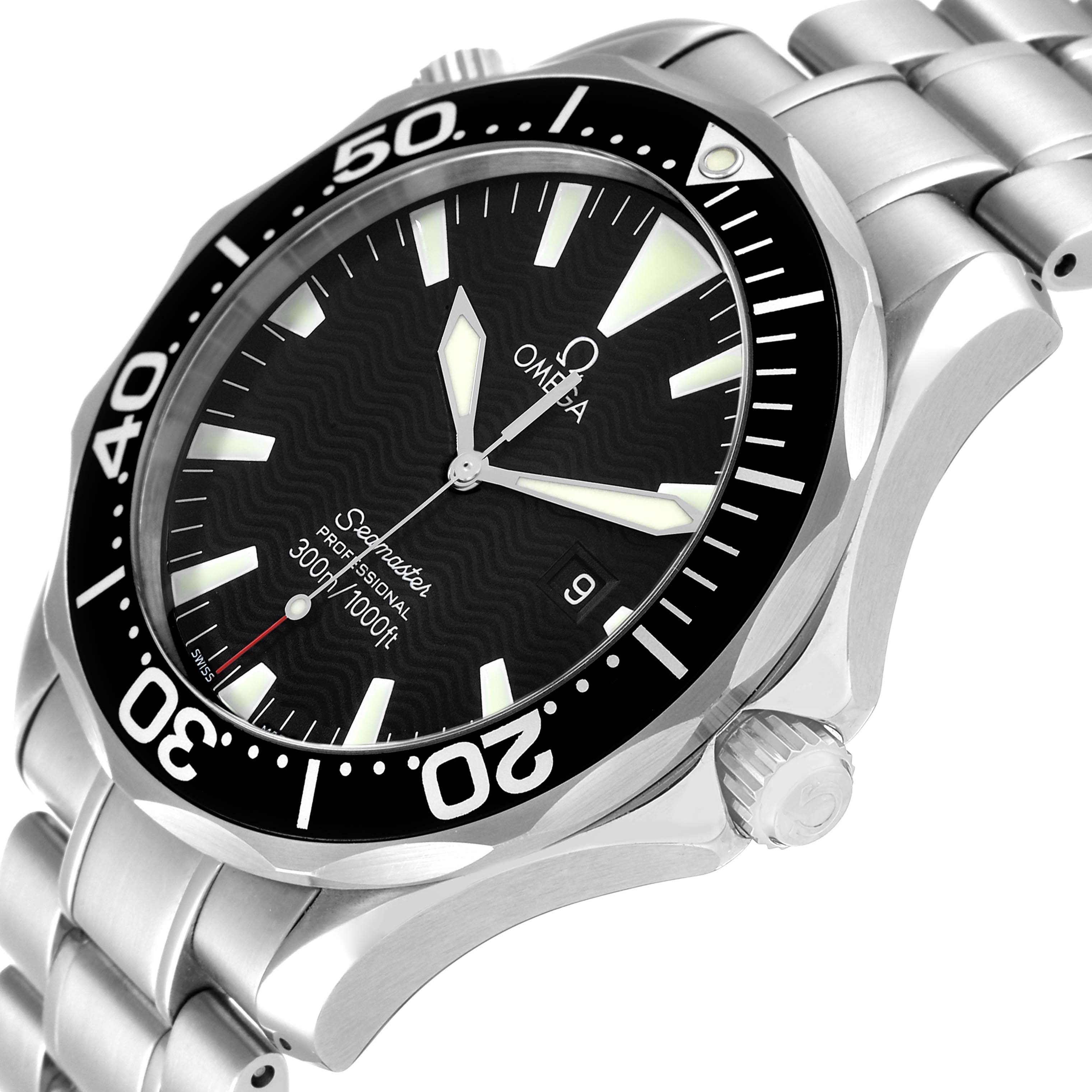 The image shows the Omega Seamaster 2264.50.00 Men's Stainless Steel Black Dial 2264.50.00 Men's Stainless Steel Black Dial watch at an angle highlighting the face, bezel, crown, and part of its bracelet.