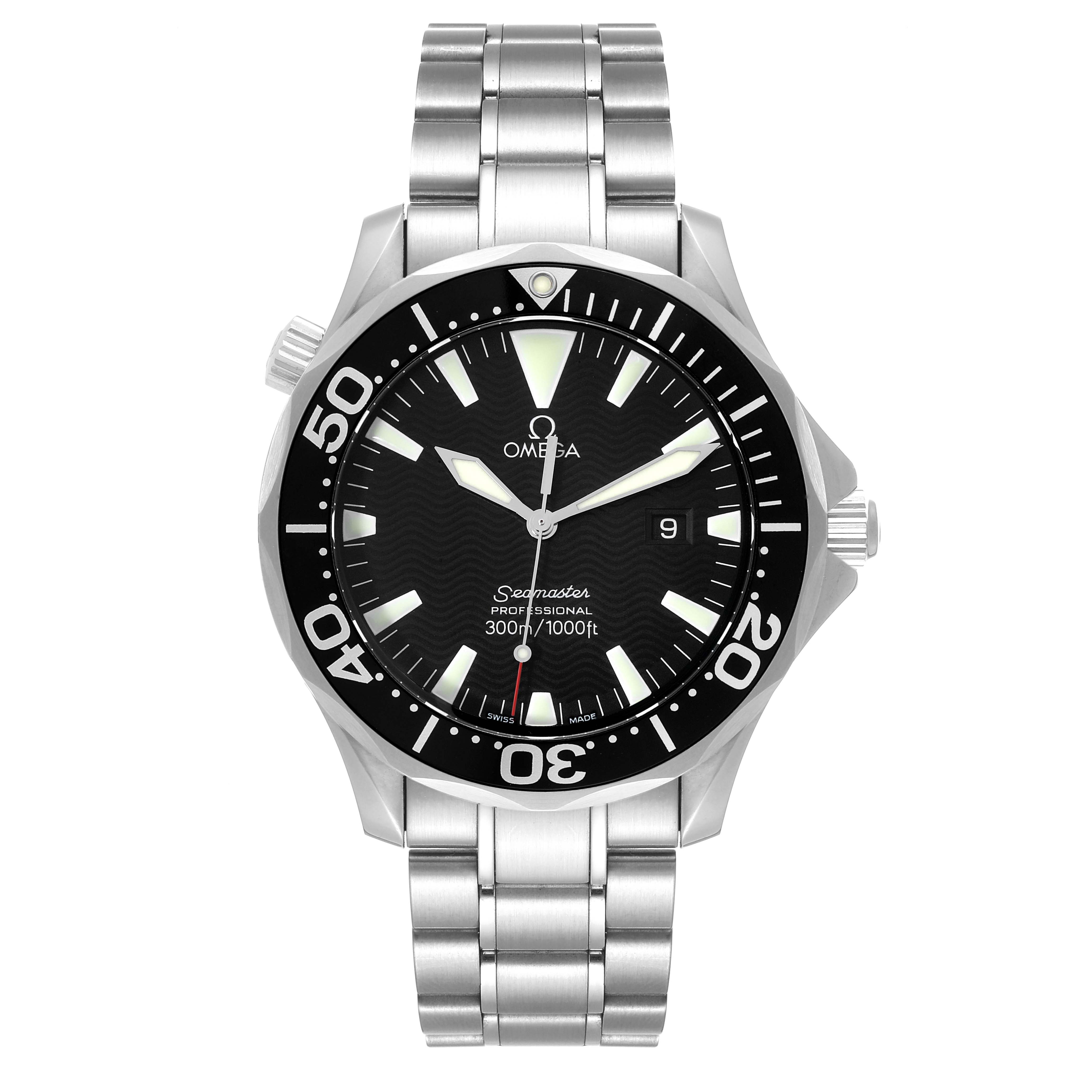 The image shows a front view of an Omega Seamaster 2264.50.00 Men's Stainless Steel Black Dial 2264.50.00 Men's Stainless Steel Black Dial watch, highlighting its face, bezel, dial, and metal bracelet.