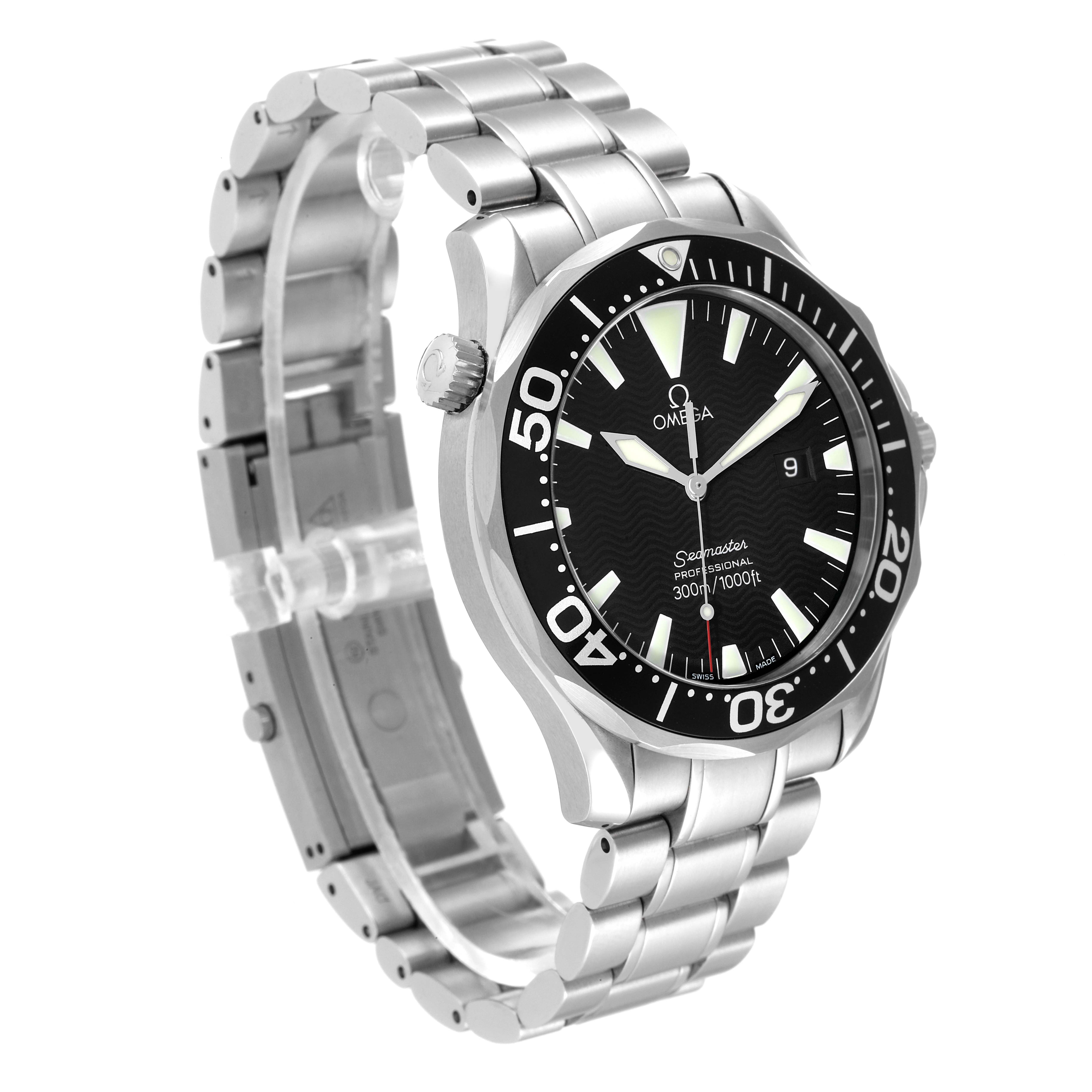 The image shows a three-quarter view of the Omega Seamaster 2264.50.00 Men's Stainless Steel Black Dial 2264.50.00 Men's Stainless Steel Black Dial watch, highlighting its face, bracelet, bezel, and crown.