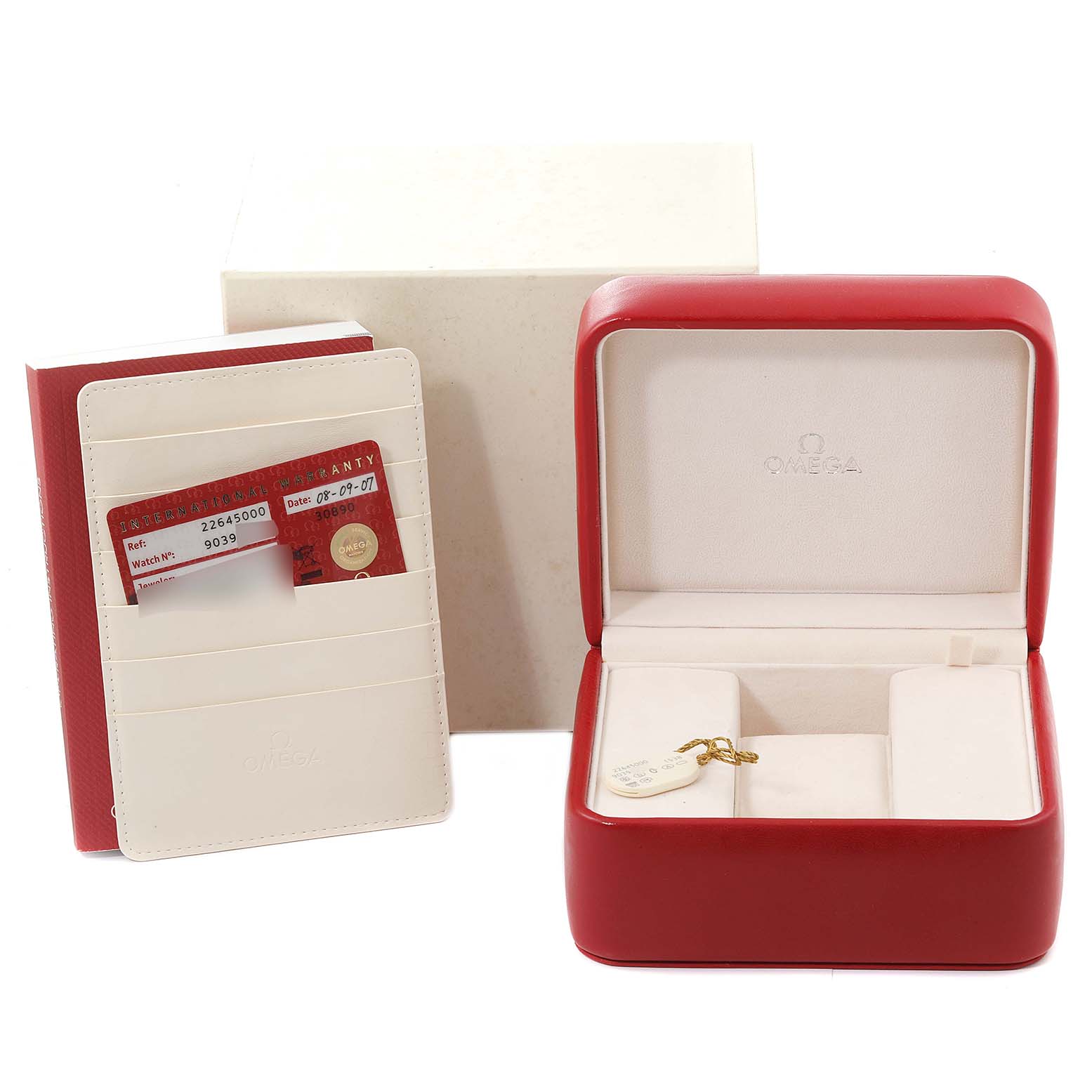 The image shows the packaging and accessories for an Omega Seamaster 2264.50.00 Men's Stainless Steel Black Dial 2264.50.00 Men's Stainless Steel Black Dial, including a red watch box and warranty cards.