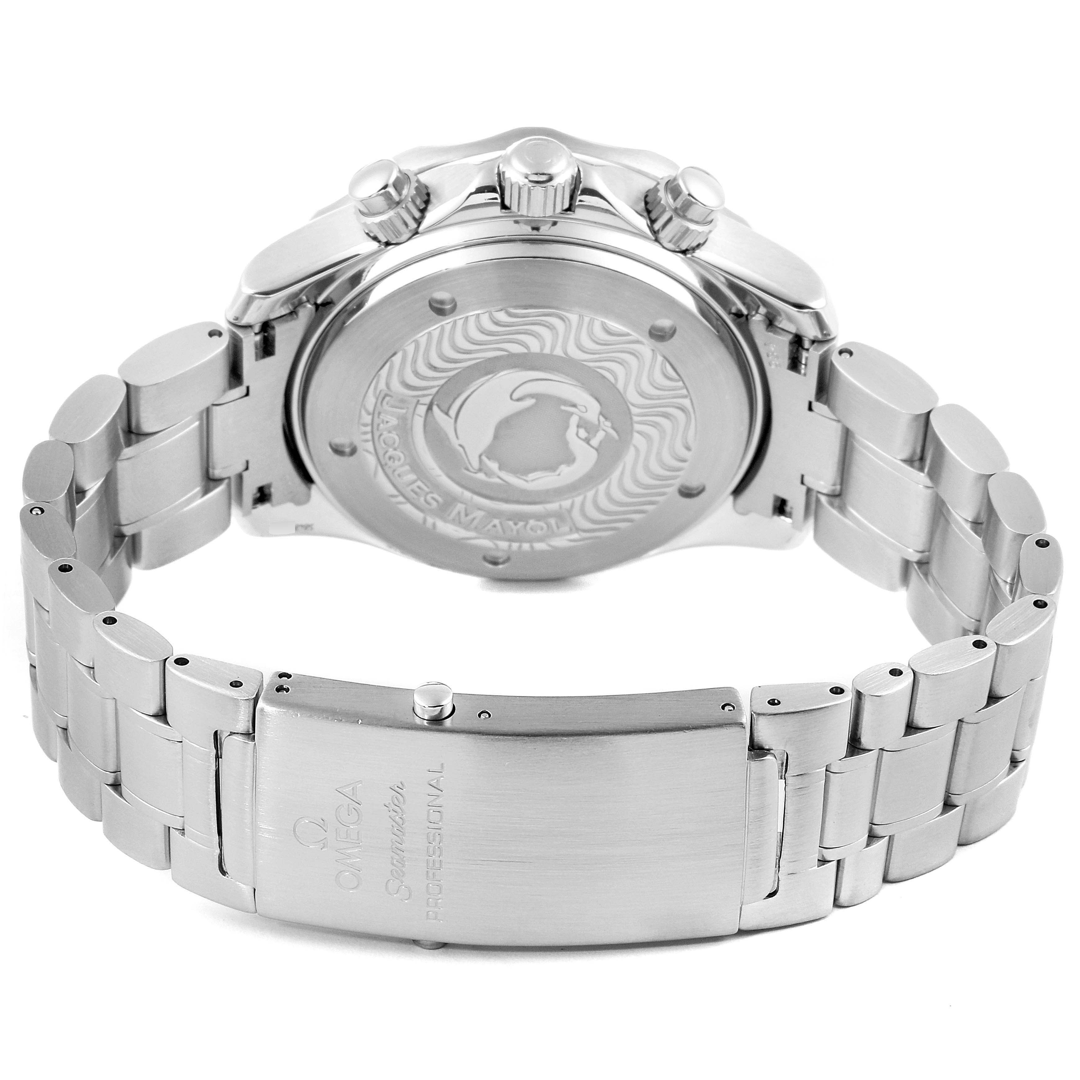 The image shows the back case, clasp, and bracelet of an Omega Seamaster 2595.50.00 Men
s Stainless Steel Black Dial 2595.50.00 Men
s Stainless Steel Black Dial watch from a rear angle.