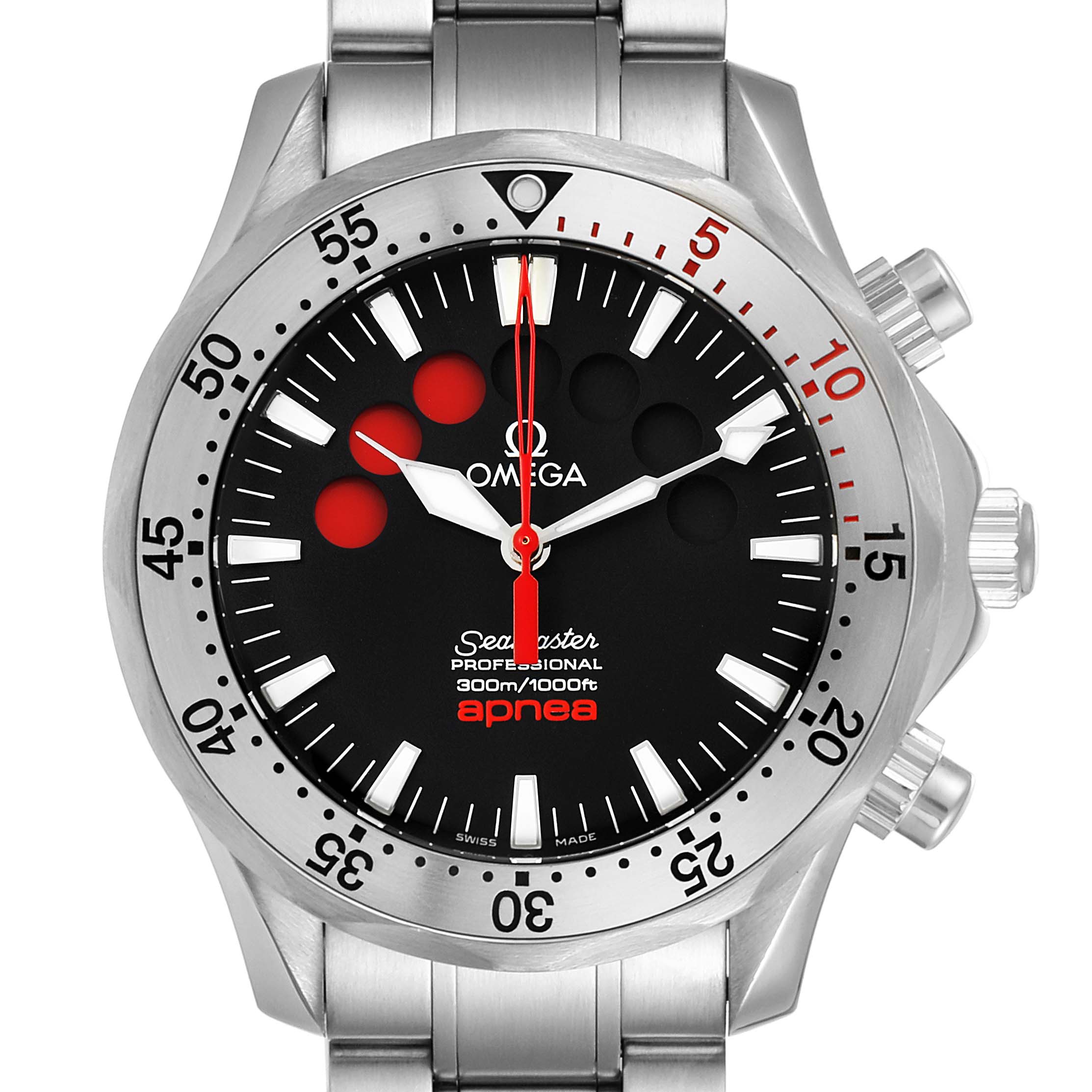 The image shows a front view of the Omega Seamaster 2595.50.00 Men
s Stainless Steel Black Dial 2595.50.00 Men
s Stainless Steel Black Dial Professional Apnea model, highlighting its dial, bezel, and bracelet.