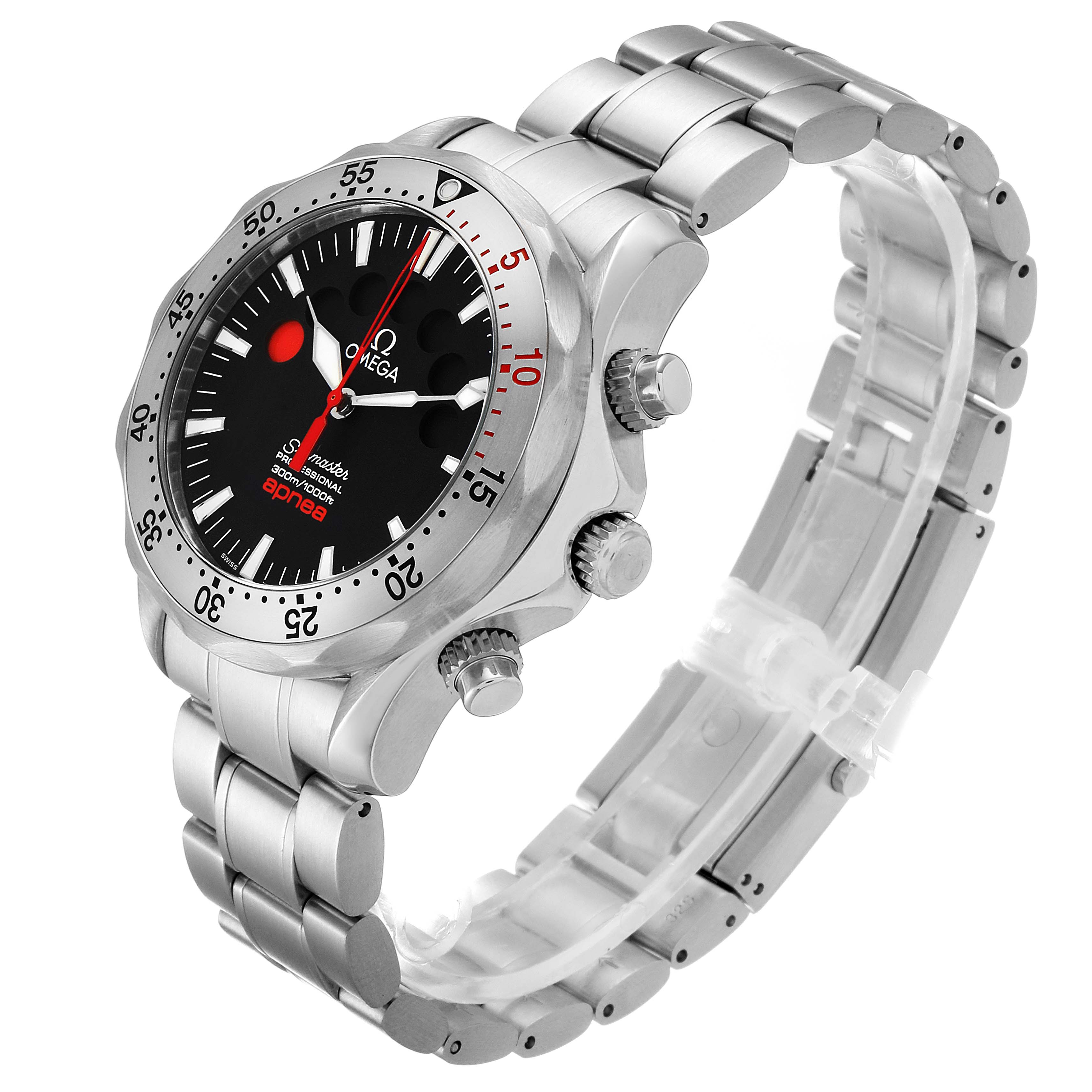 The image shows a side and front angled view of an Omega Seamaster 2595.50.00 Men
s Stainless Steel Black Dial 2595.50.00 Men
s Stainless Steel Black Dial watch, including the bezel, crown, dial, and bracelet.