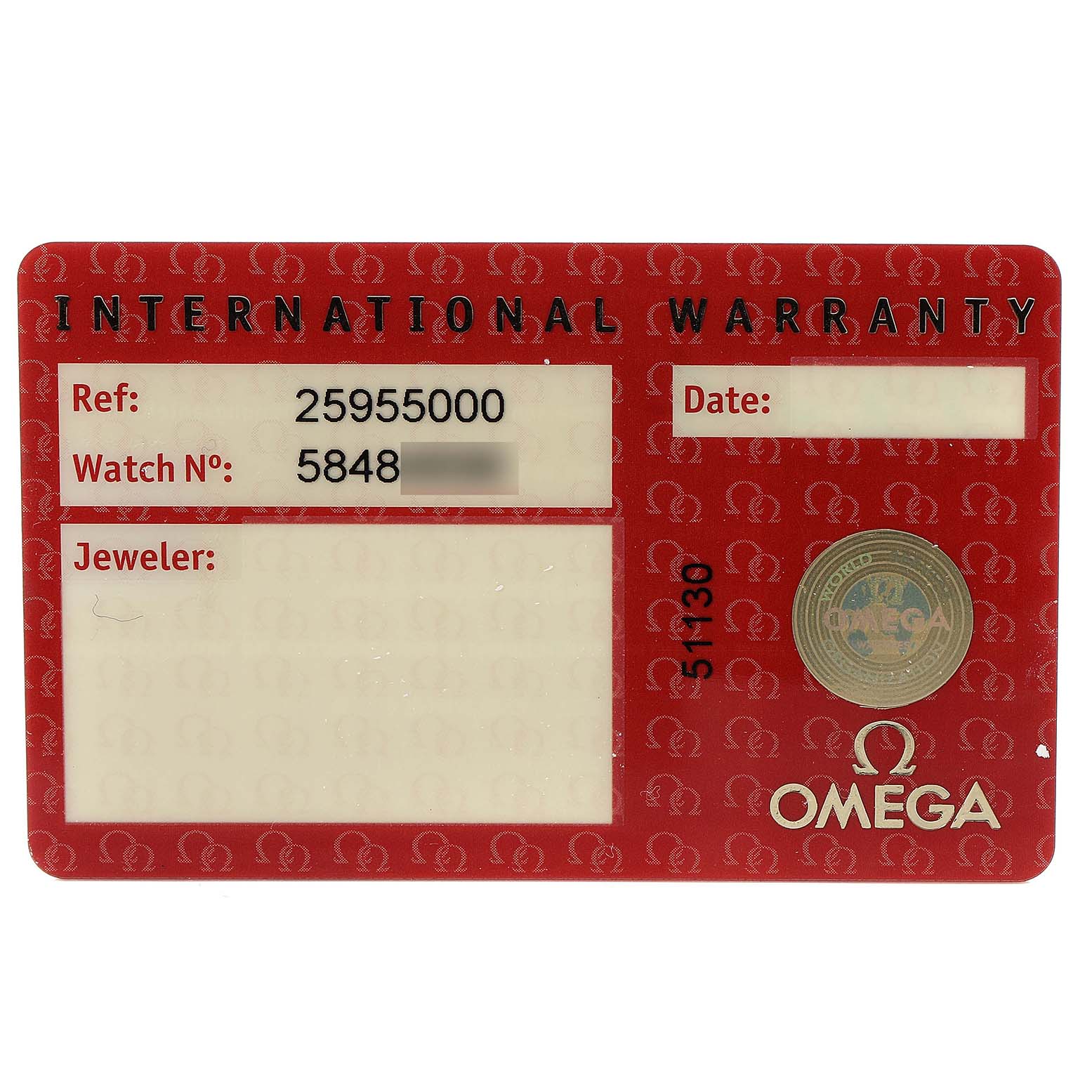 The image shows an Omega Seamaster 2595.50.00 Men
s Stainless Steel Black Dial 2595.50.00 Men
s Stainless Steel Black Dial International Warranty card displaying reference, watch number, jeweler, and date fields.