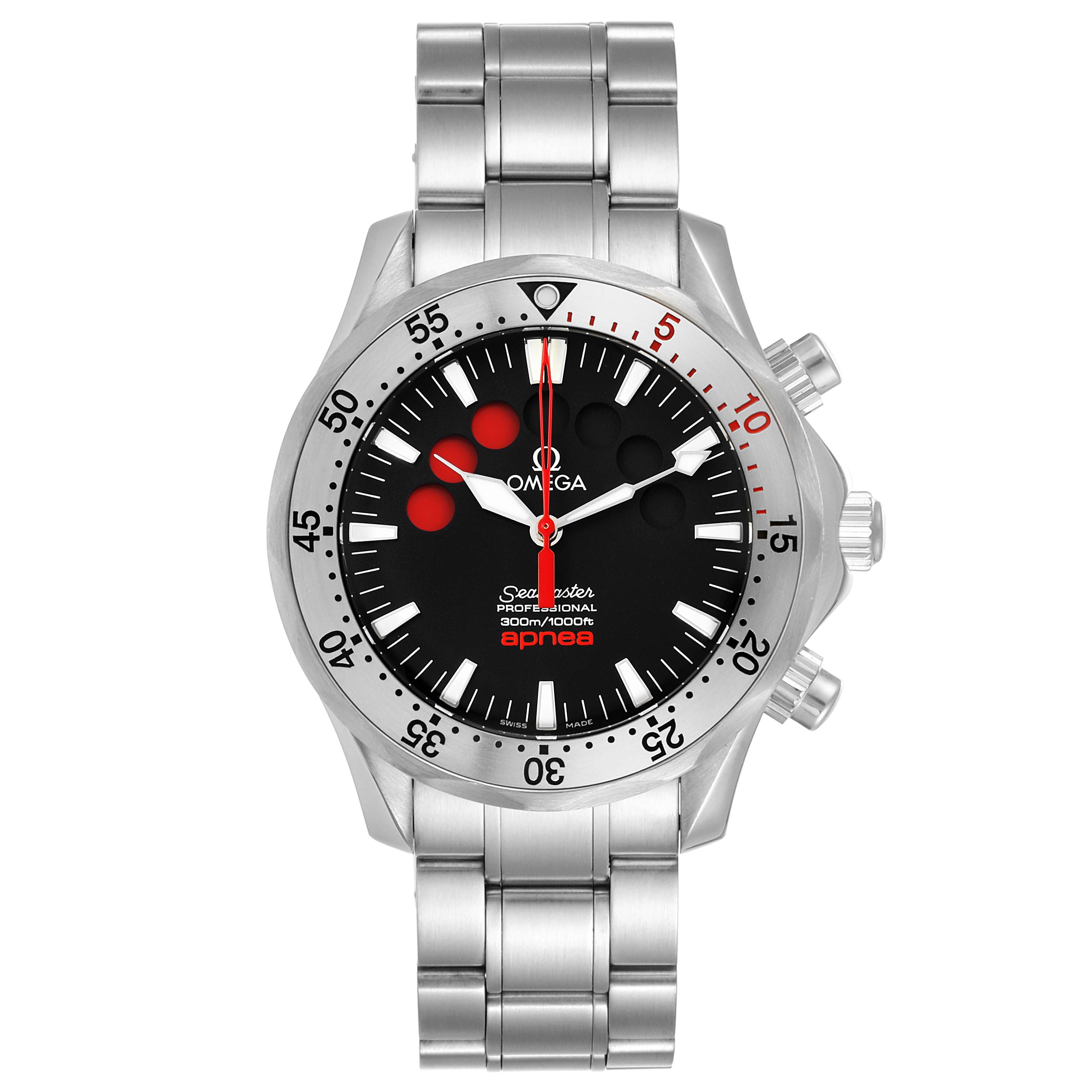 The image shows a front view of the Omega Seamaster 2595.50.00 Men
s Stainless Steel Black Dial 2595.50.00 Men
s Stainless Steel Black Dial watch, displaying its face, bezel, crown, and stainless steel bracelet.