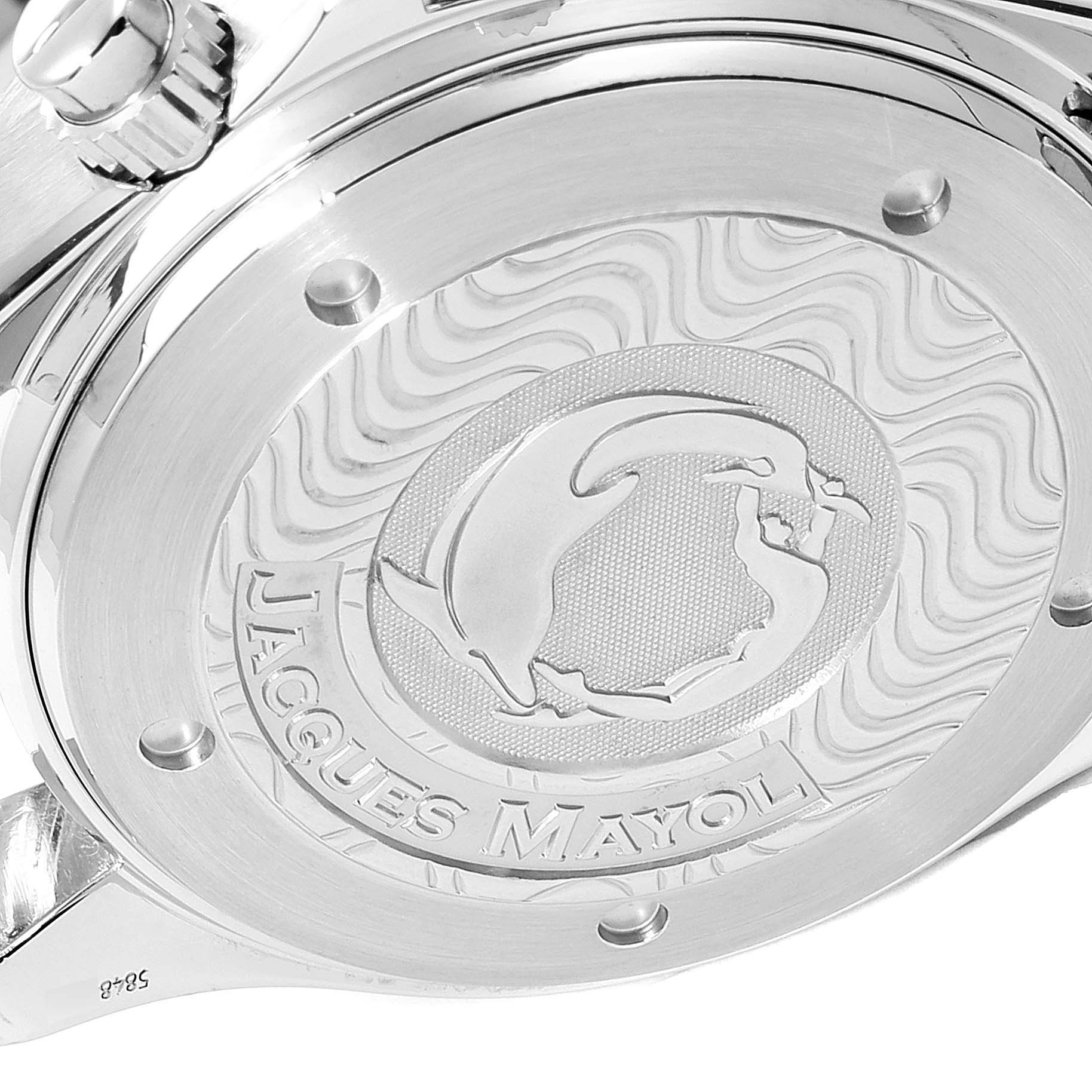 The image shows the engraved case back of an Omega Seamaster 2595.50.00 Men
s Stainless Steel Black Dial 2595.50.00 Men
s Stainless Steel Black Dial watch, showcasing the "Jacques Mayol" design.