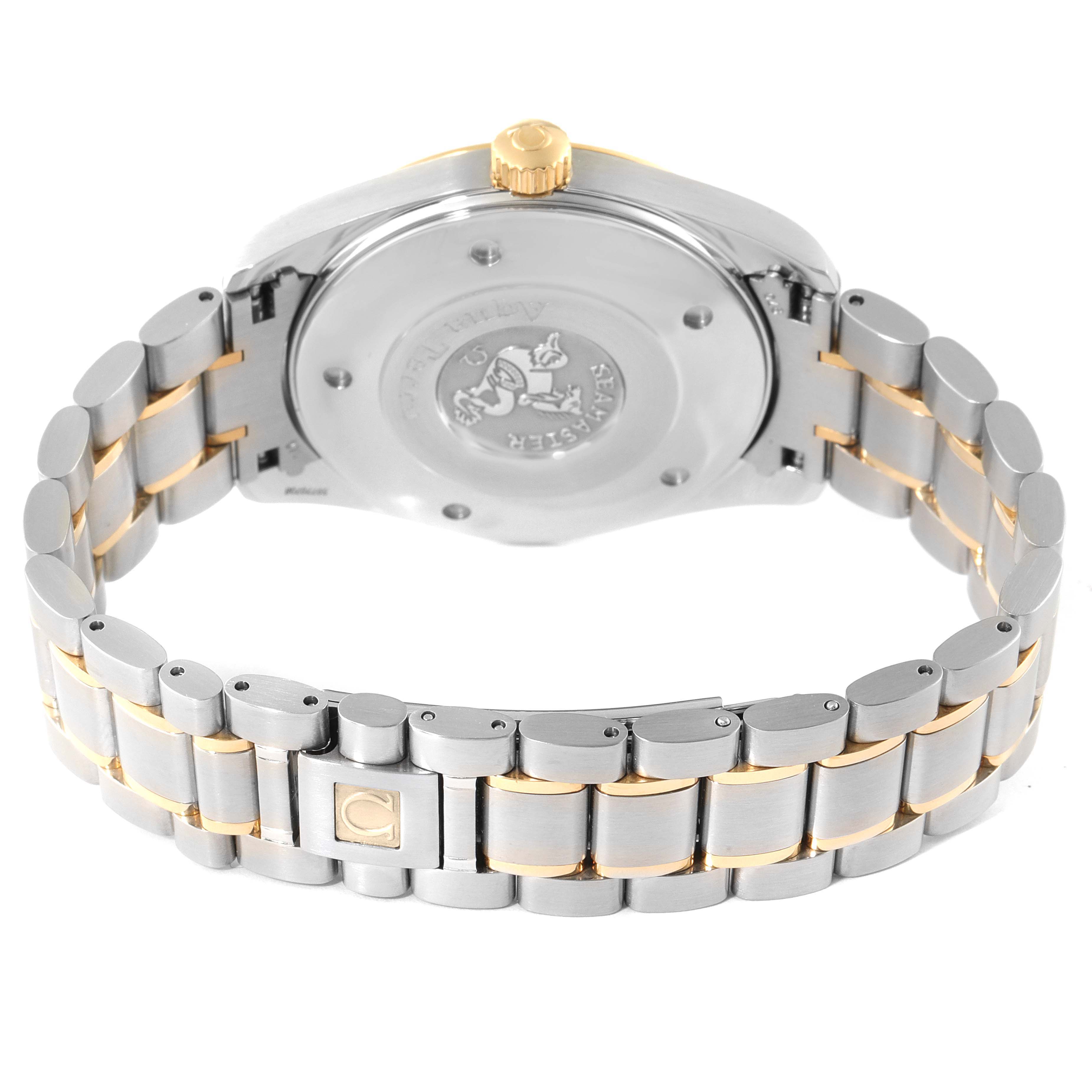 The image shows the back view of the Omega Aqua Terra 2317.30.00 Men's Steel and Gold (two tone) Silver Dial 2317.30.00 Men's Steel and Gold (two tone) Silver Dial watch, highlighting the case back and two-tone bracelet.