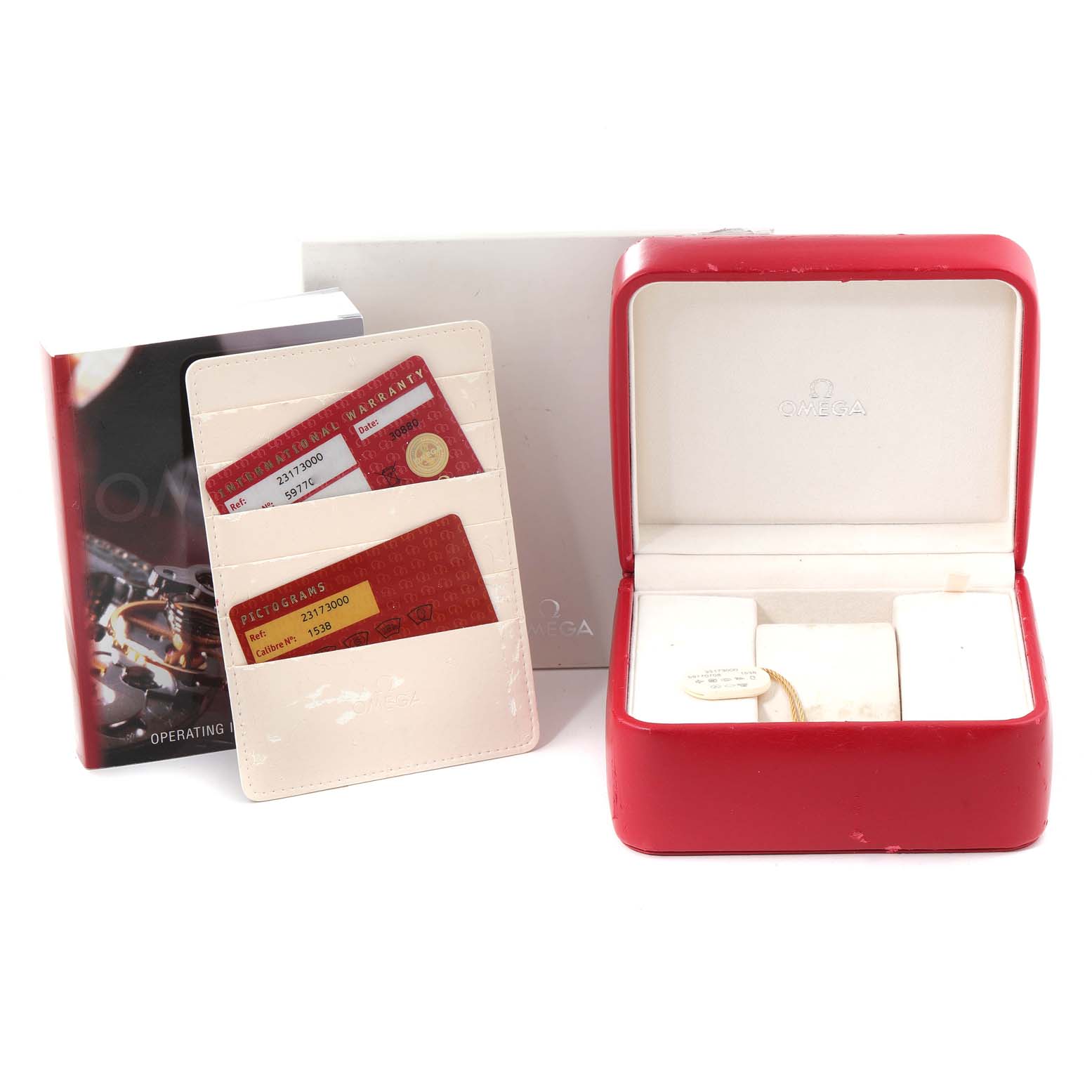 The image shows the packaging and accessories of the Omega Aqua Terra 2317.30.00 Men's Steel and Gold (two tone) Silver Dial 2317.30.00 Men's Steel and Gold (two tone) Silver Dial watch, including the case, warranty cards, and manual.