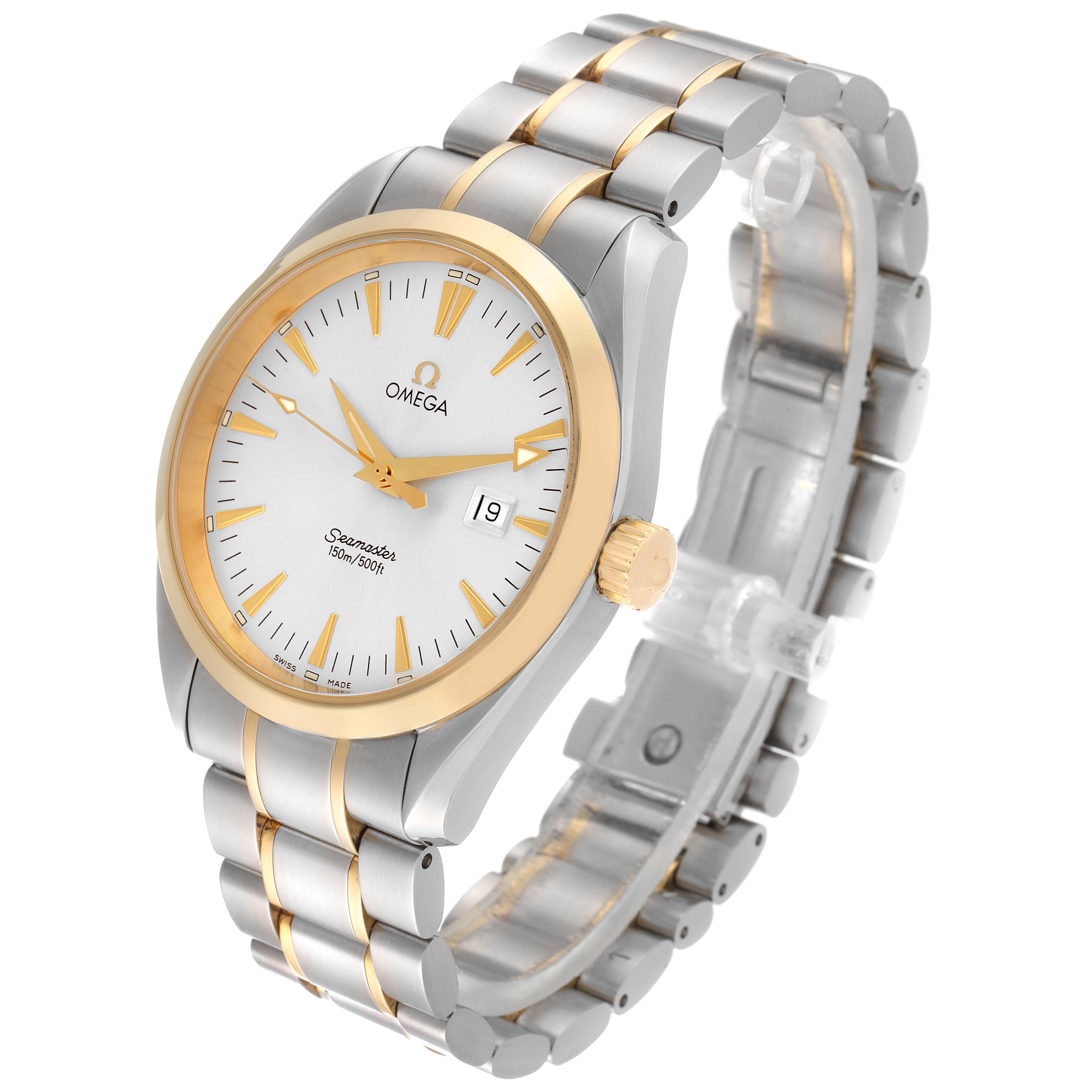 The Omega Aqua Terra 2317.30.00 Men's Steel and Gold (two tone) Silver Dial 2317.30.00 Men's Steel and Gold (two tone) Silver Dial watch is shown at an oblique angle, highlighting the face, crown, and bracelet.