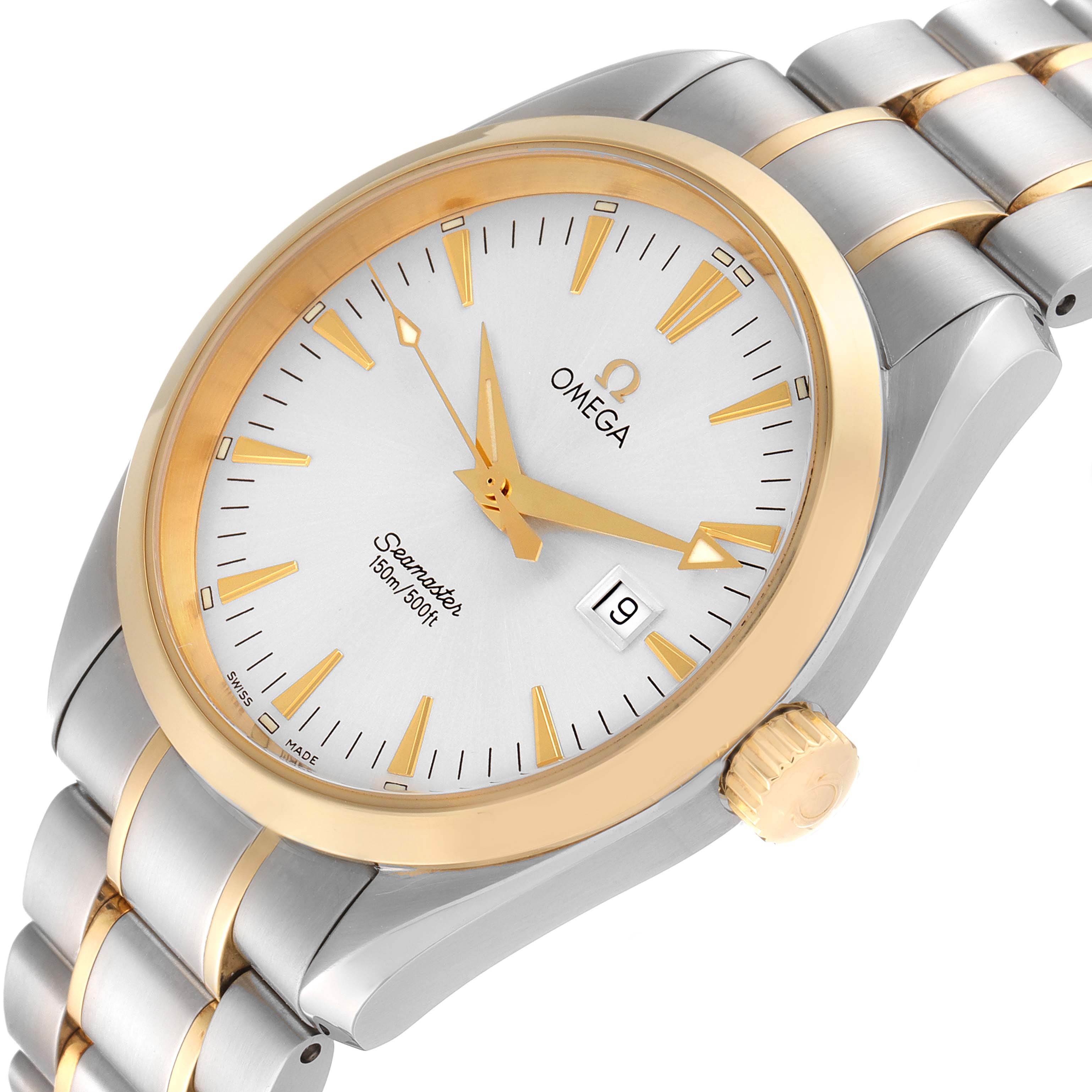 This Omega Aqua Terra 2317.30.00 Men's Steel and Gold (two tone) Silver Dial 2317.30.00 Men's Steel and Gold (two tone) Silver Dial watch is shown at a three-quarter angle, detailing the white dial, gold bezel, and two-tone bracelet.