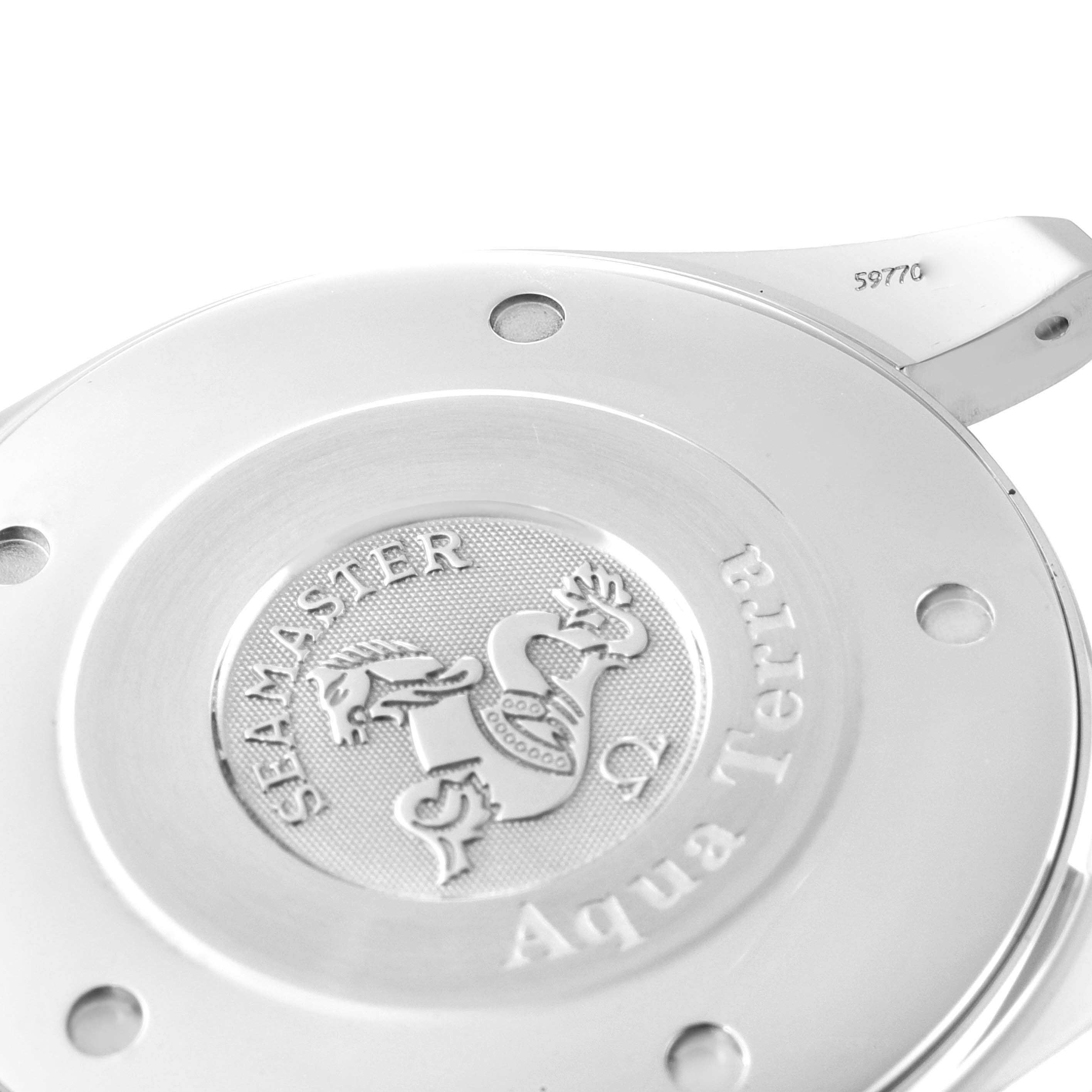 This image shows the engraved case back of an Omega Seamaster Aqua Terra watch, viewed at a slight angle.
