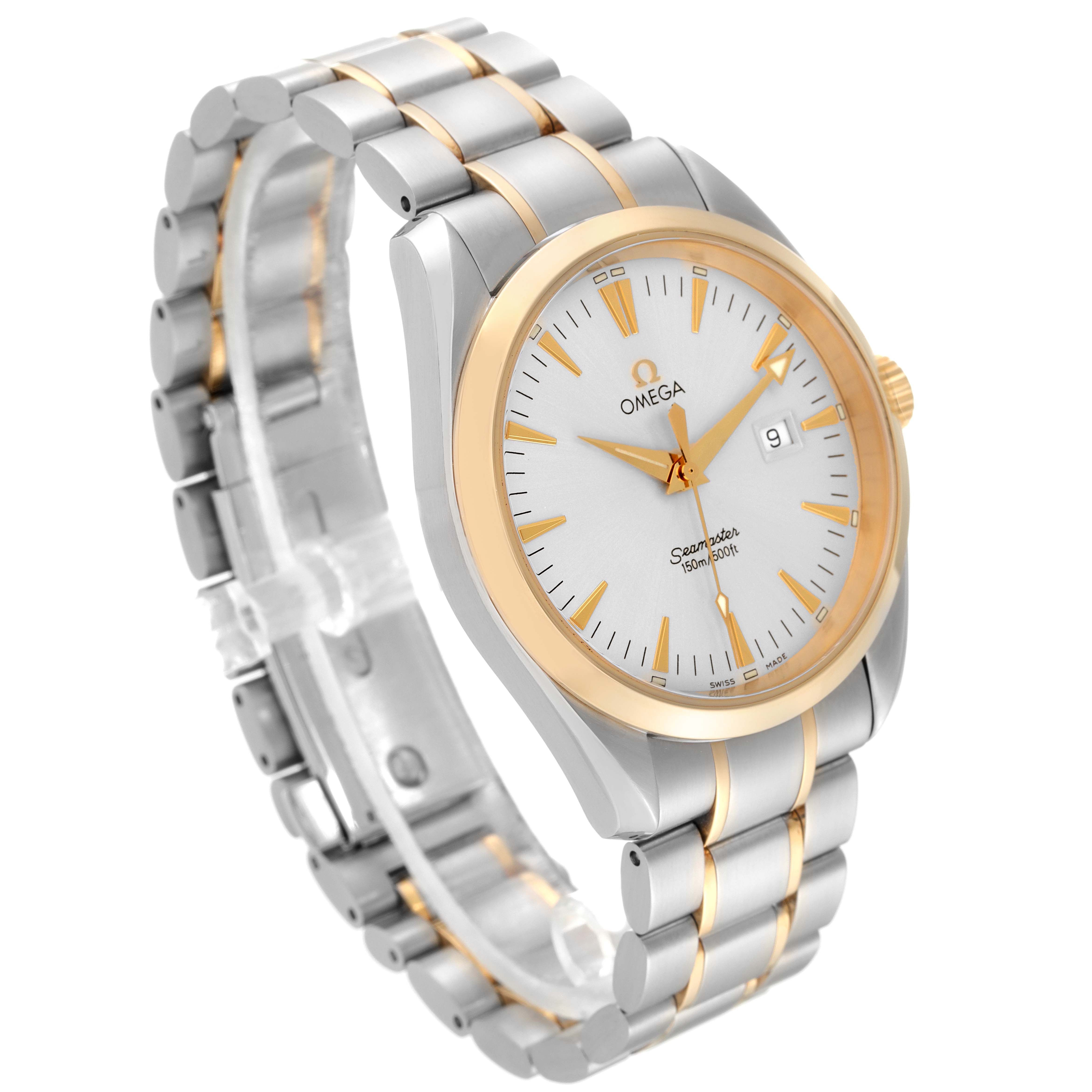 This Omega Aqua Terra 2317.30.00 Men's Steel and Gold (two tone) Silver Dial 2317.30.00 Men's Steel and Gold (two tone) Silver Dial watch is shown at a three-quarter angle, displaying the dial, bezel, and bracelet.