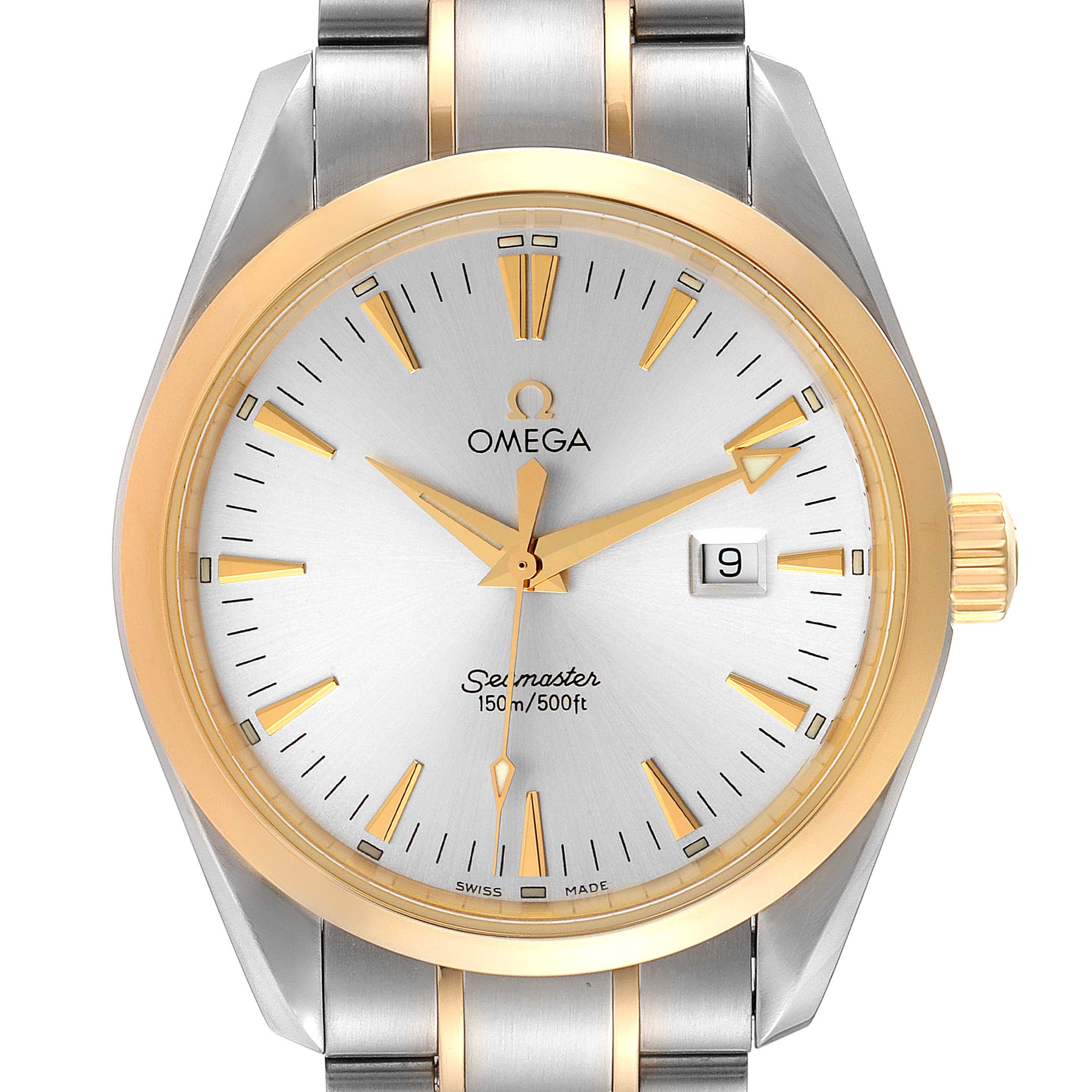 The image shows a front view of the Omega Aqua Terra 2317.30.00 Men's Steel and Gold (two tone) Silver Dial 2317.30.00 Men's Steel and Gold (two tone) Silver Dial watch, displaying the dial, bezel, crown, hands, and part of the bracelet.