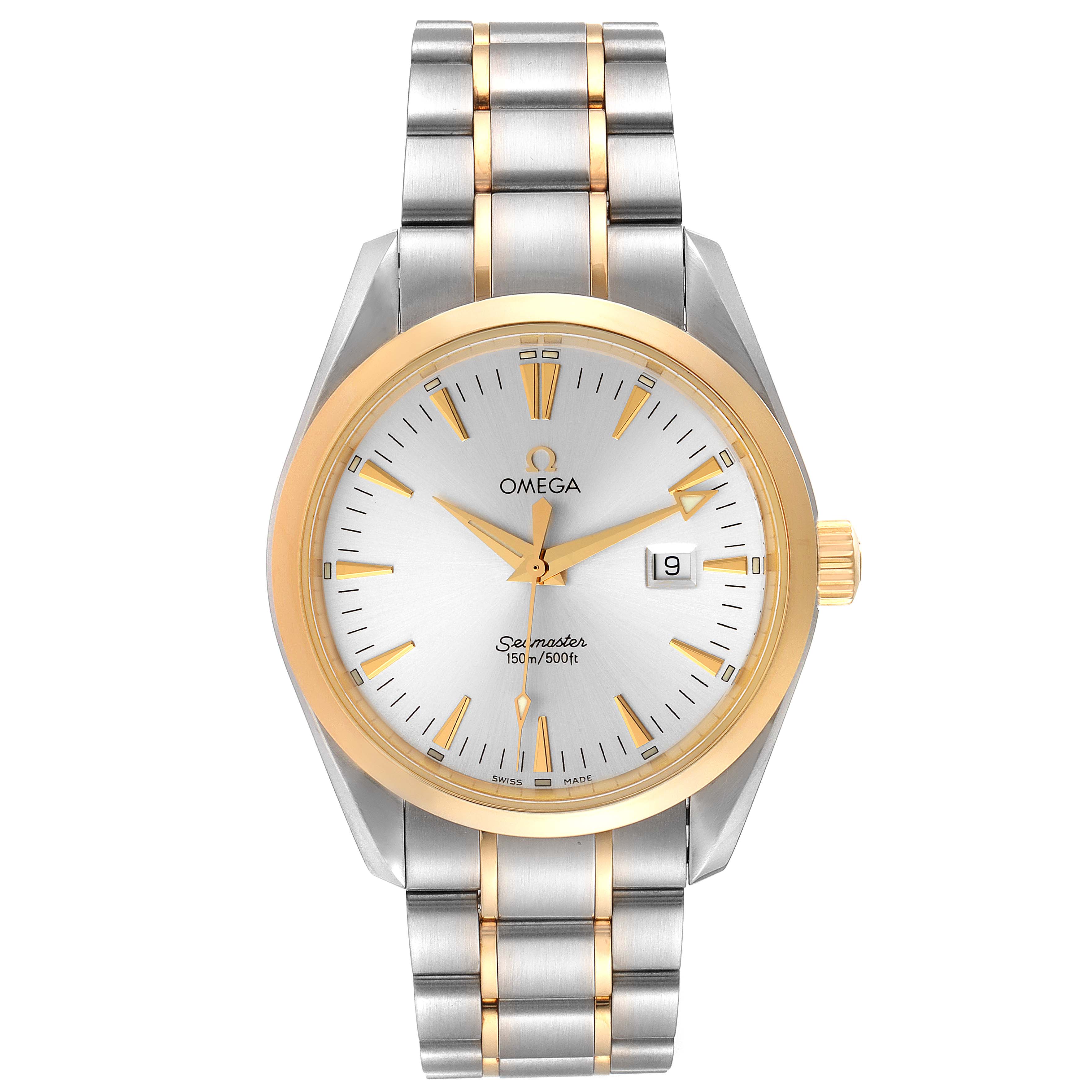 This image shows a front view of the Omega Aqua Terra 2317.30.00 Men's Steel and Gold (two tone) Silver Dial 2317.30.00 Men's Steel and Gold (two tone) Silver Dial watch, featuring its silver and gold bracelet, white dial, and gold-tone bezel.