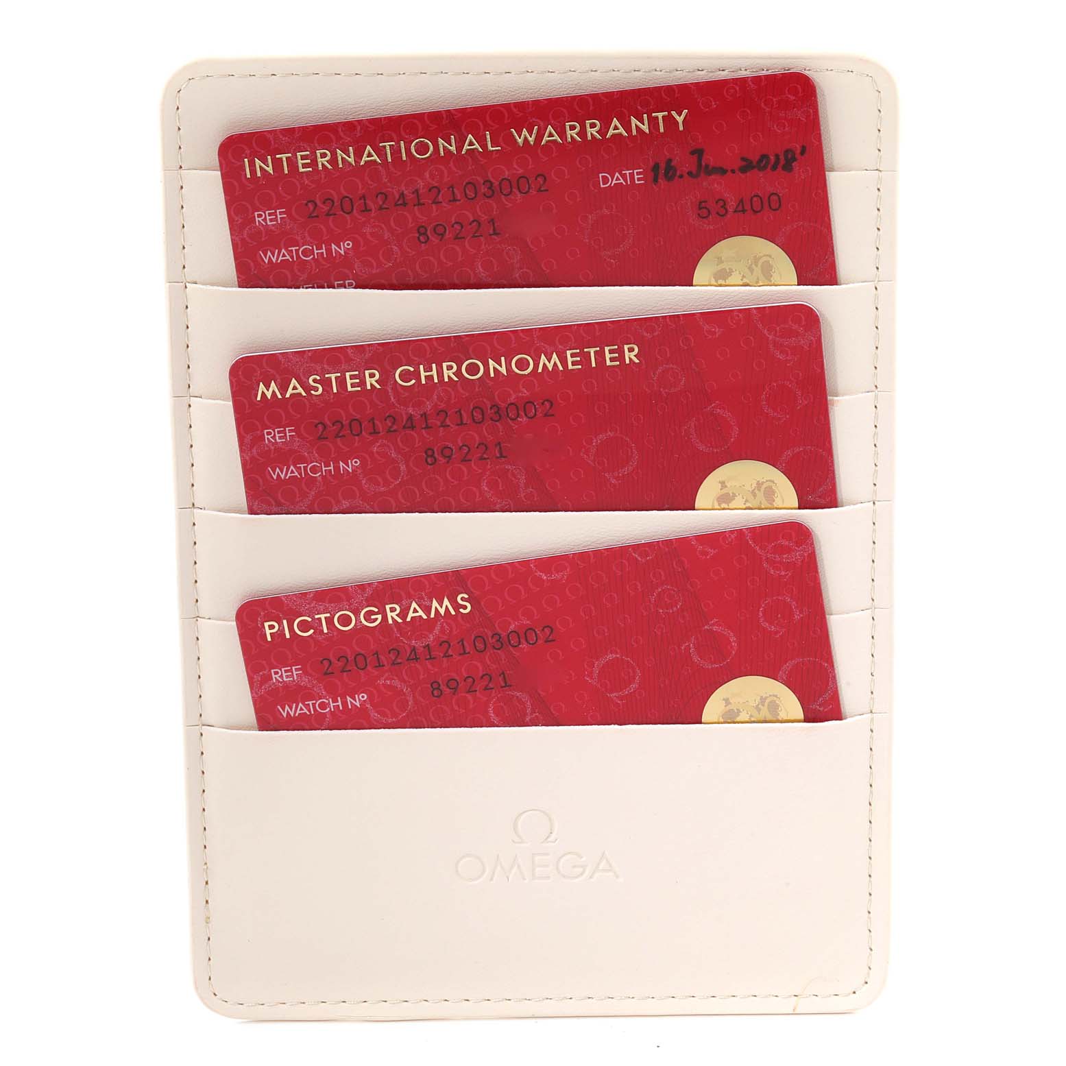 The image shows three red cards related to the Omega Aqua Terra 220.12.41.21.03.002 Men
s Stainless Steel Blue Dial 220.12.41.21.03.002 Men
s Stainless Steel Blue Dial model, including an international warranty, a master chronometer card, and pictograms, all in a white cardholder.