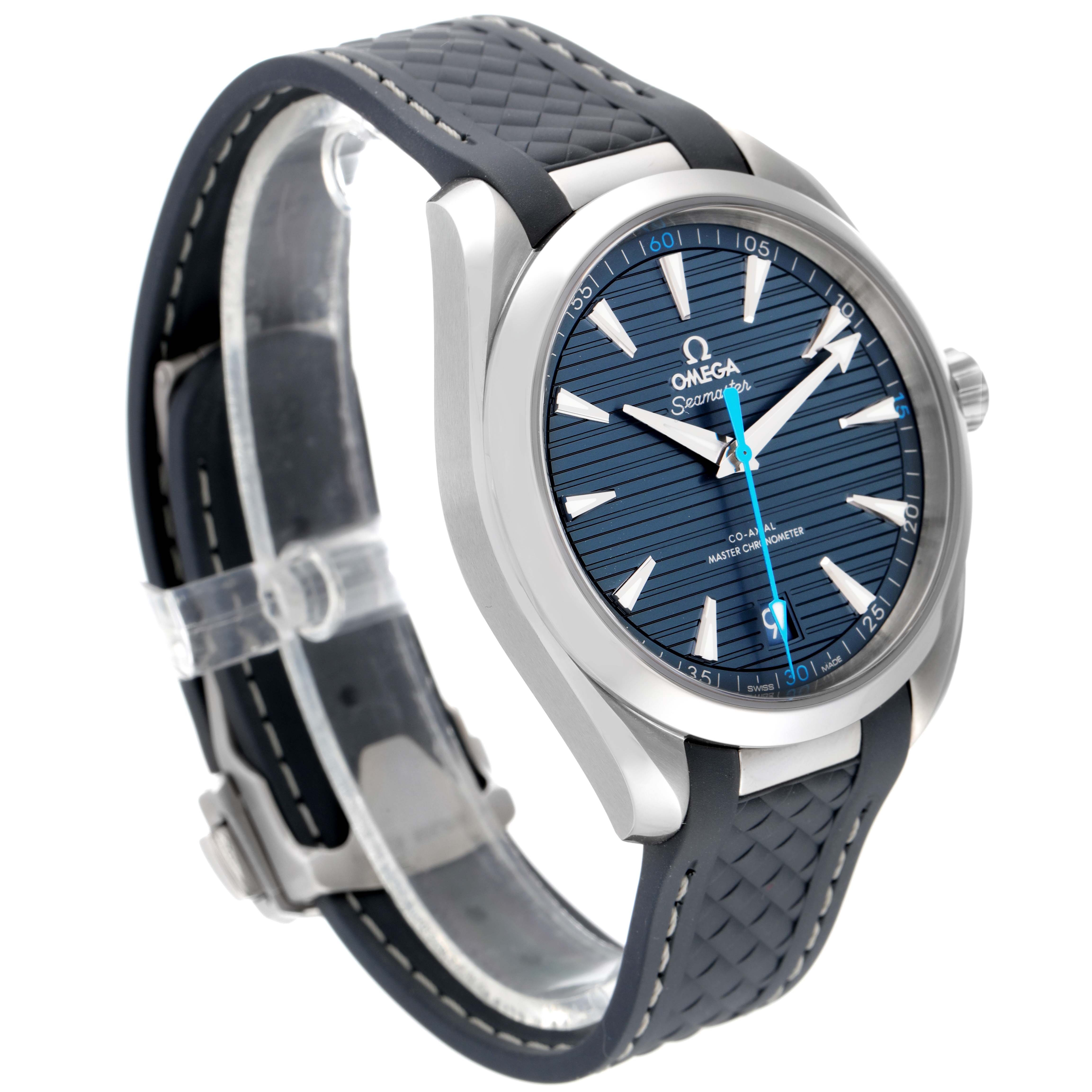 The image shows an Omega Aqua Terra 220.12.41.21.03.002 Men
s Stainless Steel Blue Dial 220.12.41.21.03.002 Men
s Stainless Steel Blue Dial watch from a side angle, highlighting its face, case, and strap.