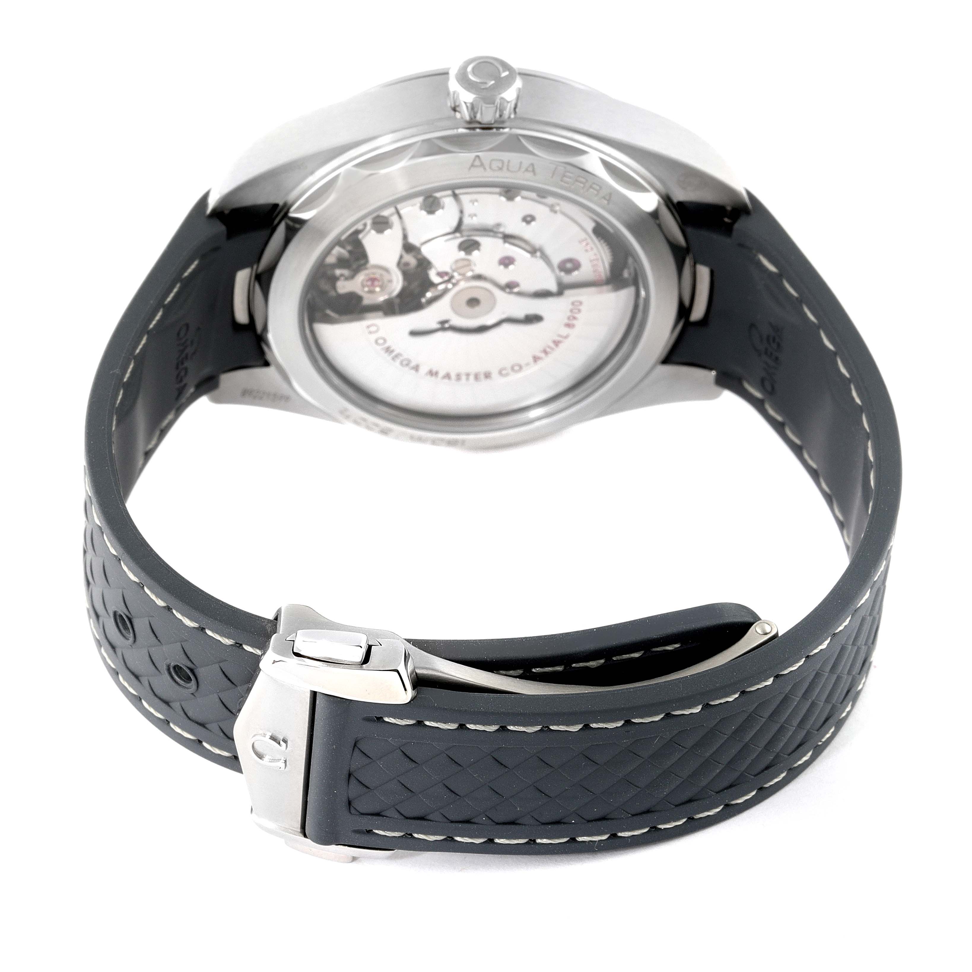 The image shows the back view of the Omega Aqua Terra 220.12.41.21.03.002 Men
s Stainless Steel Blue Dial 220.12.41.21.03.002 Men
s Stainless Steel Blue Dial watch, highlighting its transparent caseback and part of the strap and clasp.