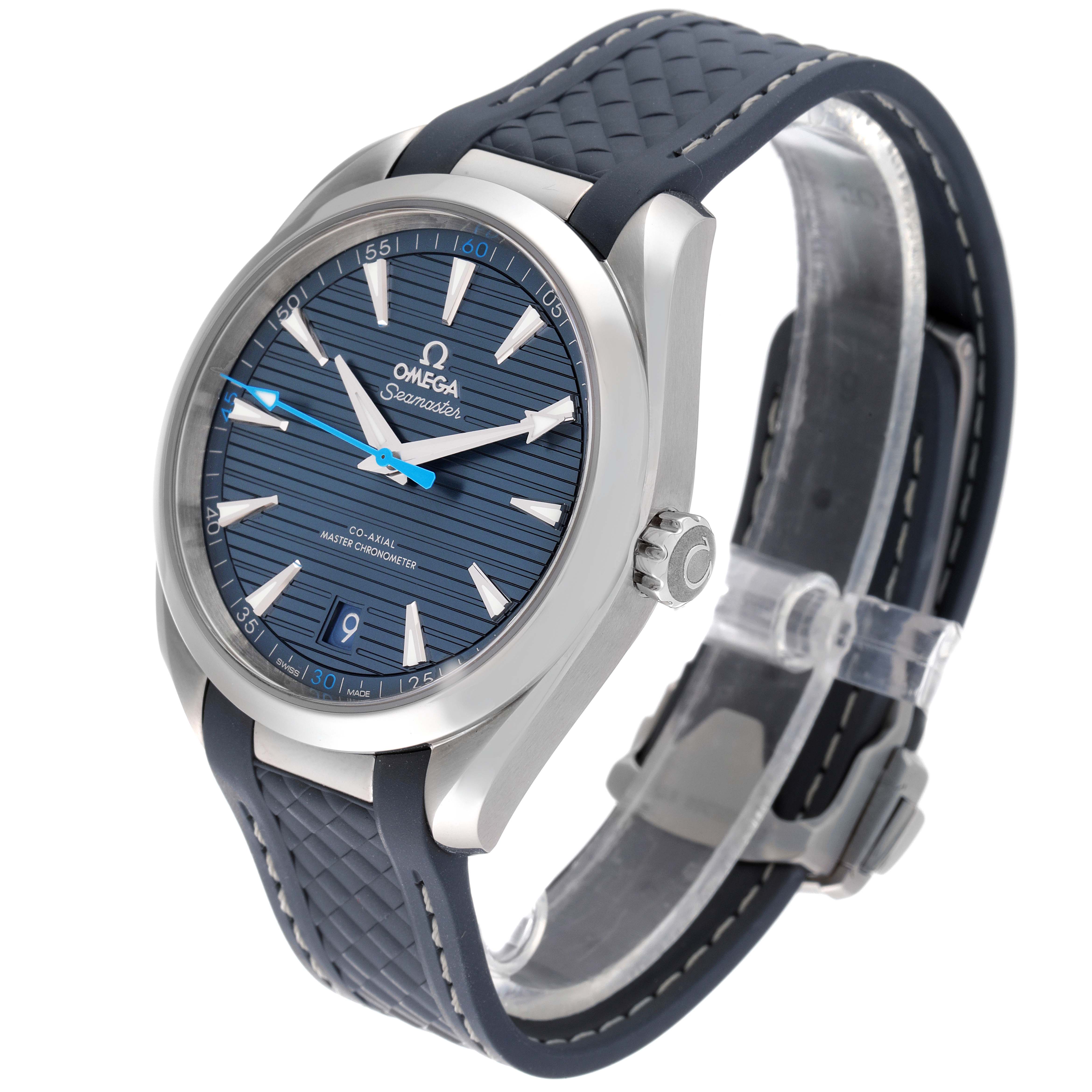 The image shows an Omega Seamaster Aqua Terra watch angled from the front left, highlighting its face, bezel, crown, and strap.