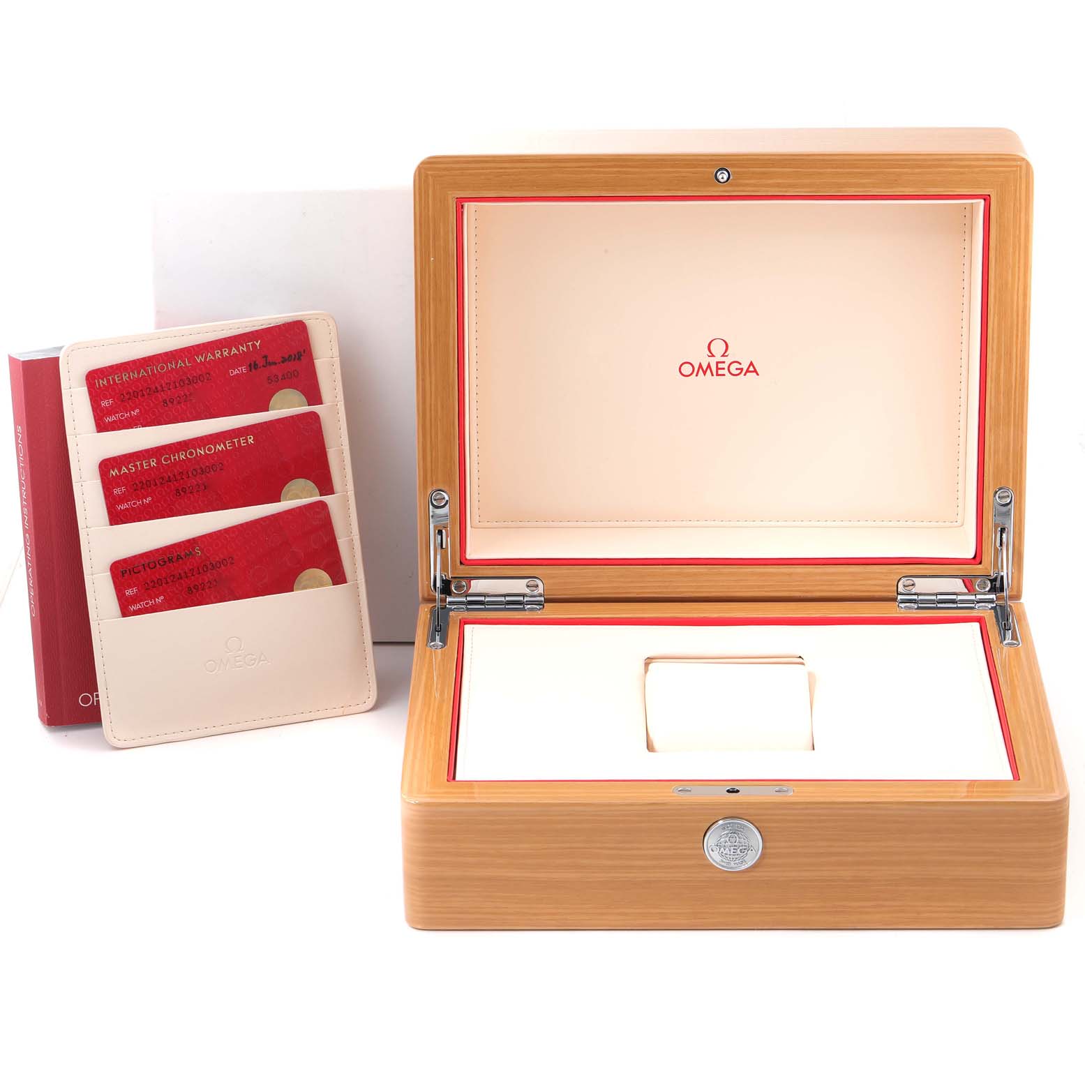 This image shows an open Omega Aqua Terra 220.12.41.21.03.002 Men
s Stainless Steel Blue Dial 220.12.41.21.03.002 Men
s Stainless Steel Blue Dial watch box and warranty cards held in a leather case.