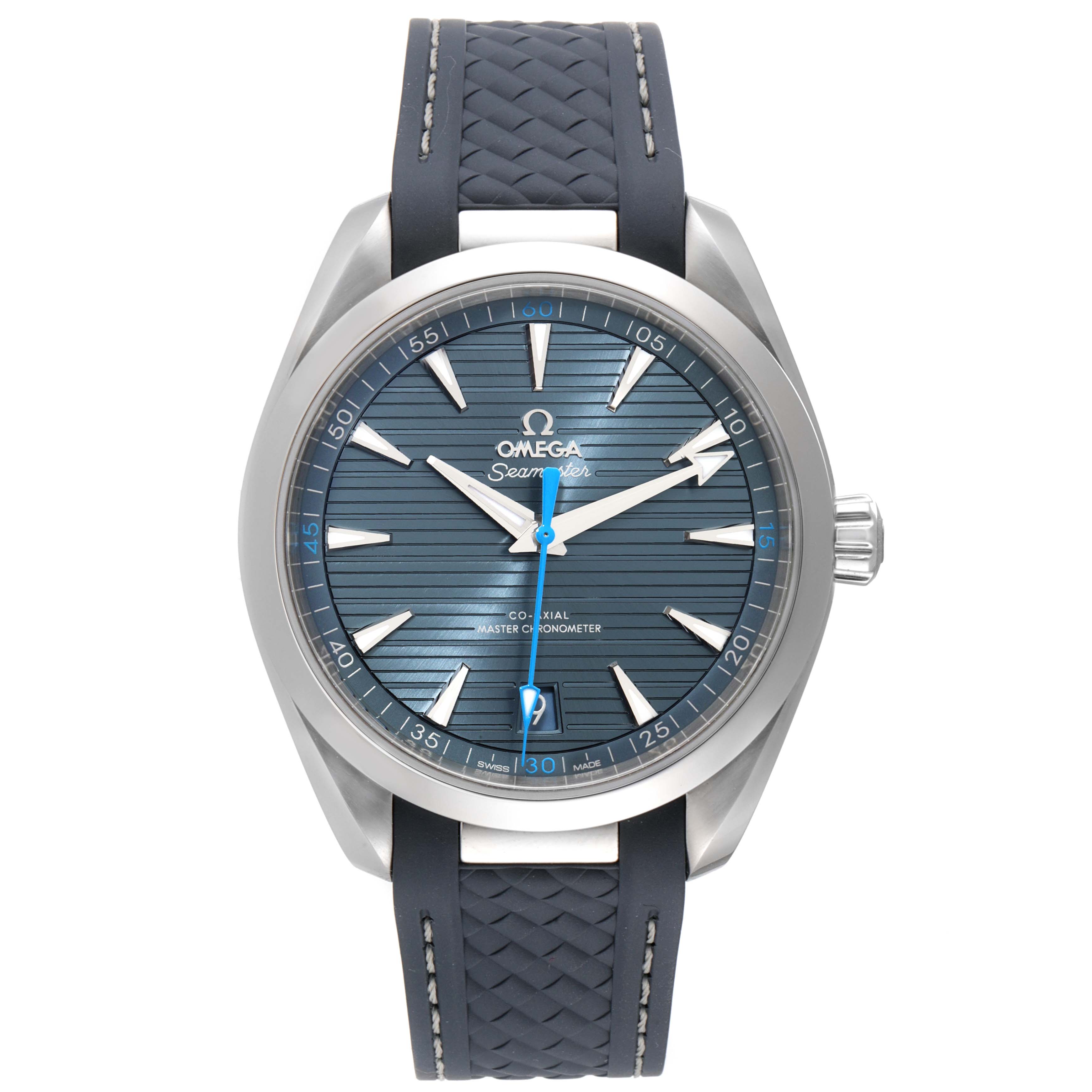 The image shows a front view of the Omega Aqua Terra 220.12.41.21.03.002 Men
s Stainless Steel Blue Dial 220.12.41.21.03.002 Men
s Stainless Steel Blue Dial watch, highlighting its dial, bezel, and strap.