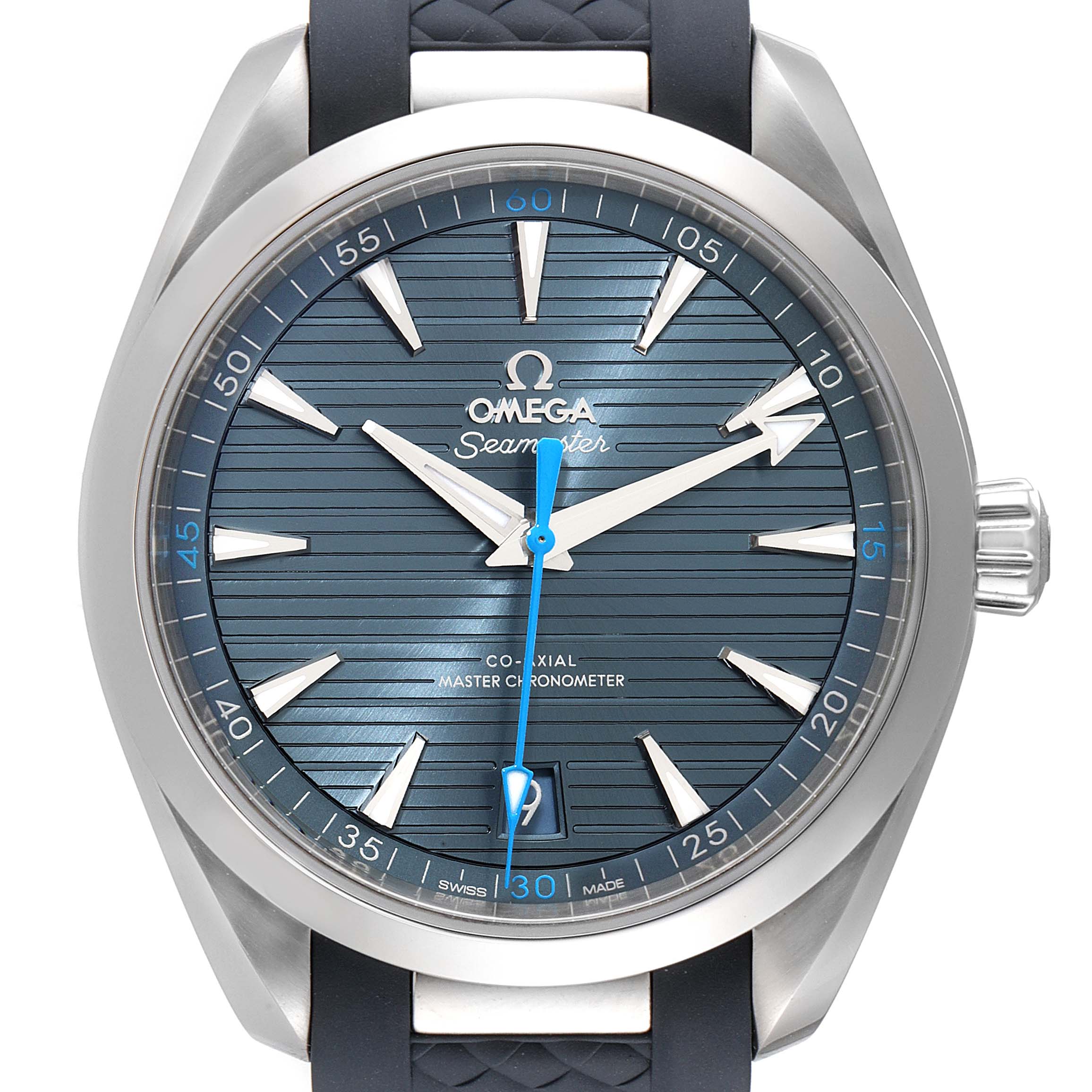 The image shows a front view of the Omega Aqua Terra 220.12.41.21.03.002 Men
s Stainless Steel Blue Dial 220.12.41.21.03.002 Men
s Stainless Steel Blue Dial model watch, highlighting the dial, hands, bezel, and part of the strap.