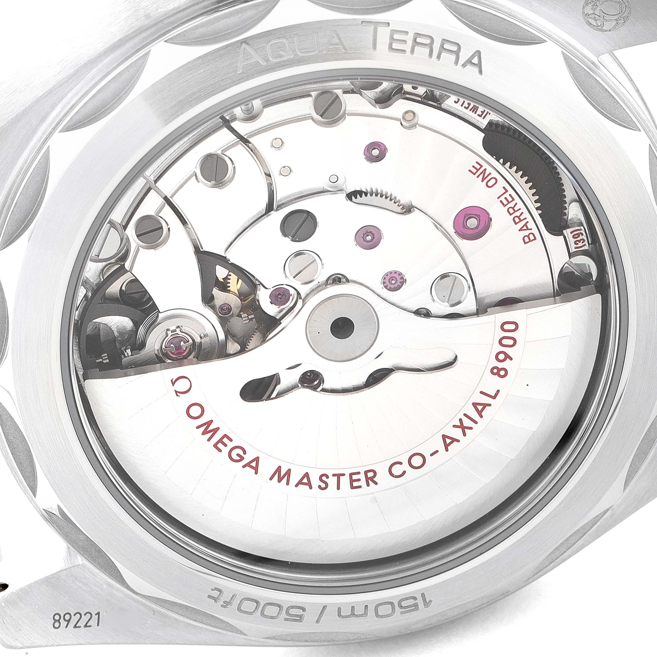 This image shows the back case of an Omega Aqua Terra 220.12.41.21.03.002 Men
s Stainless Steel Blue Dial 220.12.41.21.03.002 Men
s Stainless Steel Blue Dial watch, revealing the inner mechanical movements and the "Master Co-Axial 8900".