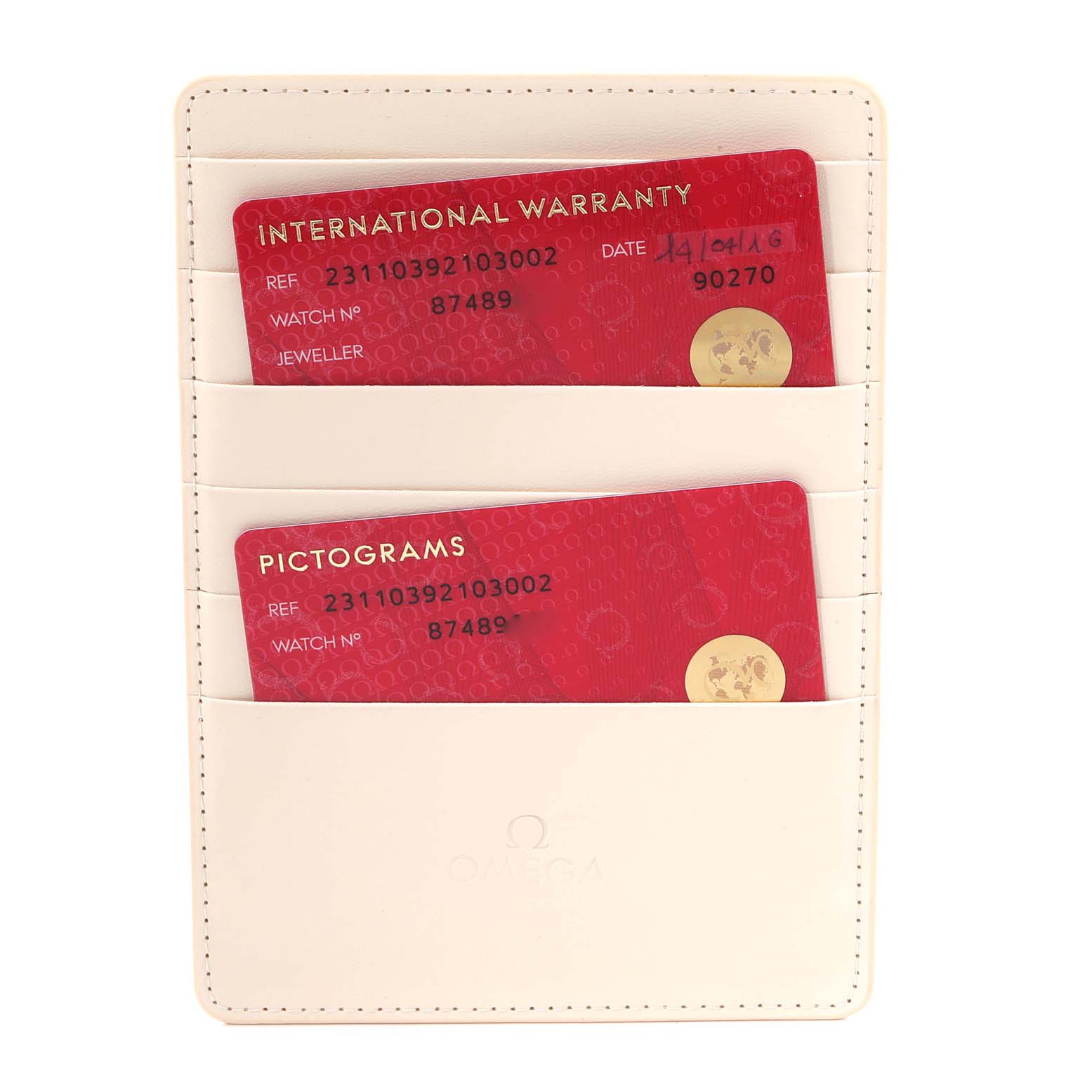 The image shows international warranty and pictograms cards for the Omega Aqua Terra 231.10.39.21.03.002 Men's Stainless Steel Blue Dial 231.10.39.21.03.002 Men's Stainless Steel Blue Dial model, placed in a white cardholder.