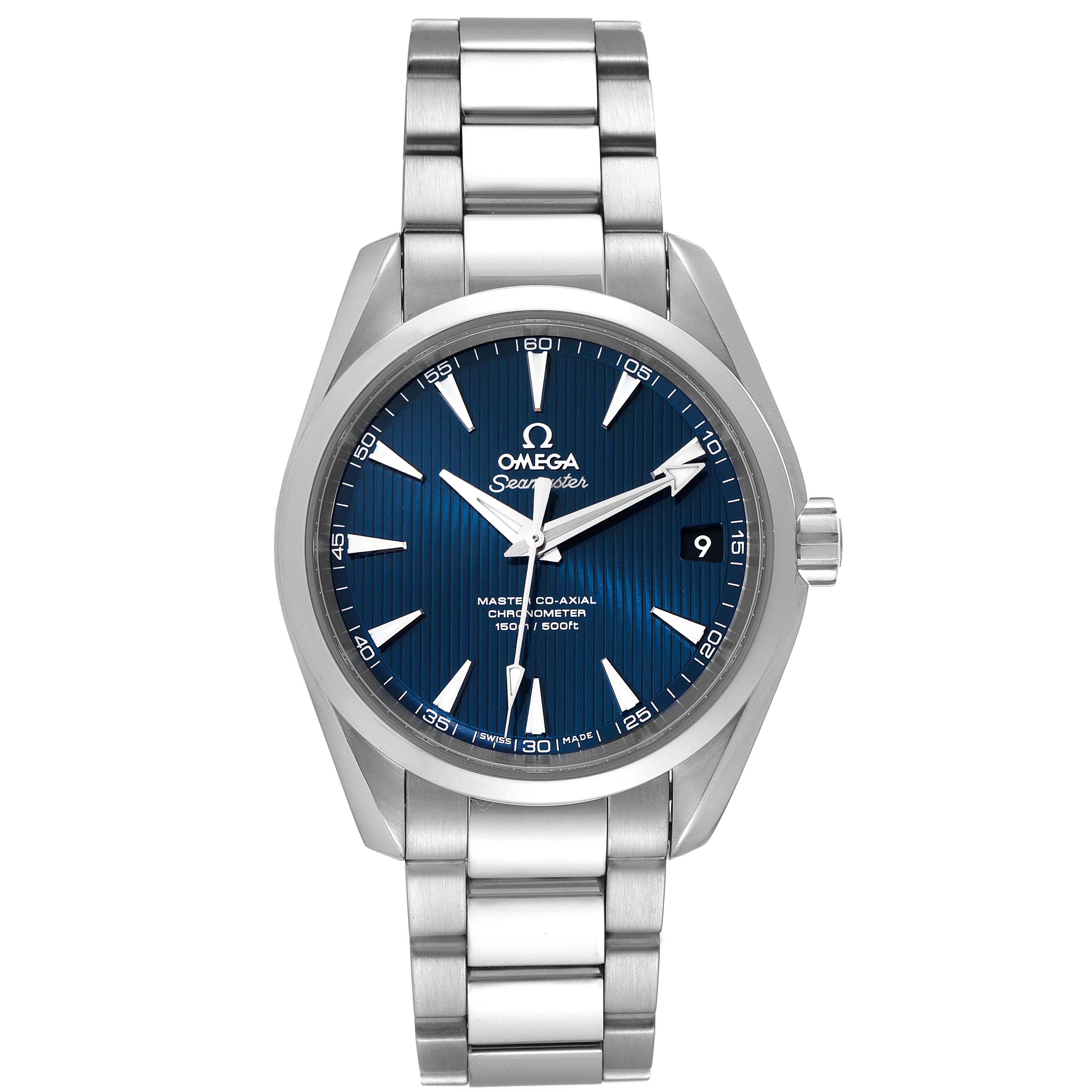 The image shows a front view of the Omega Aqua Terra 231.10.39.21.03.002 Men's Stainless Steel Blue Dial 231.10.39.21.03.002 Men's Stainless Steel Blue Dial watch, highlighting the dial, bezel, and bracelet.