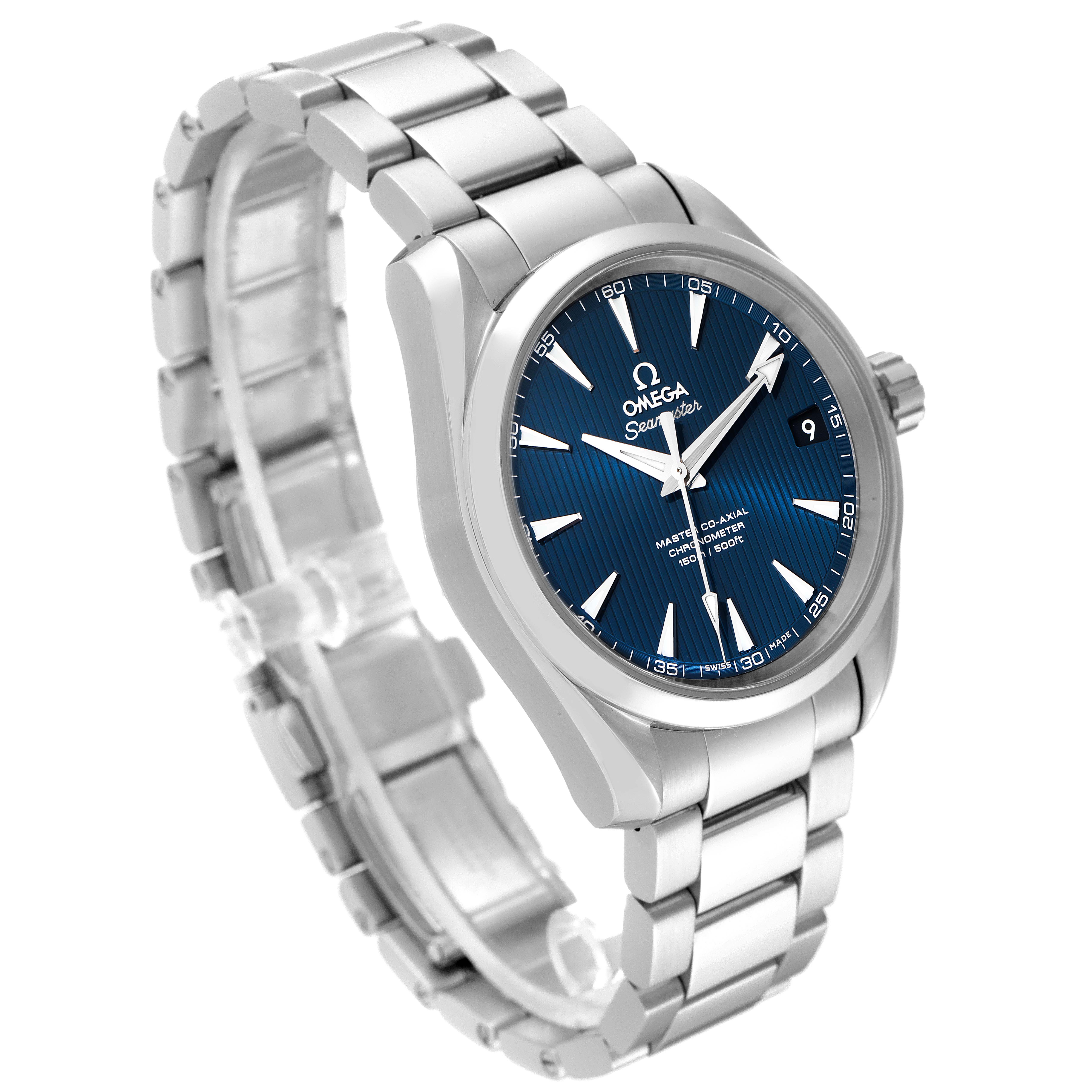 The Omega Aqua Terra 231.10.39.21.03.002 Men's Stainless Steel Blue Dial 231.10.39.21.03.002 Men's Stainless Steel Blue Dial watch is shown at a three-quarter angle, highlighting the blue dial, stainless steel bracelet, and crown.