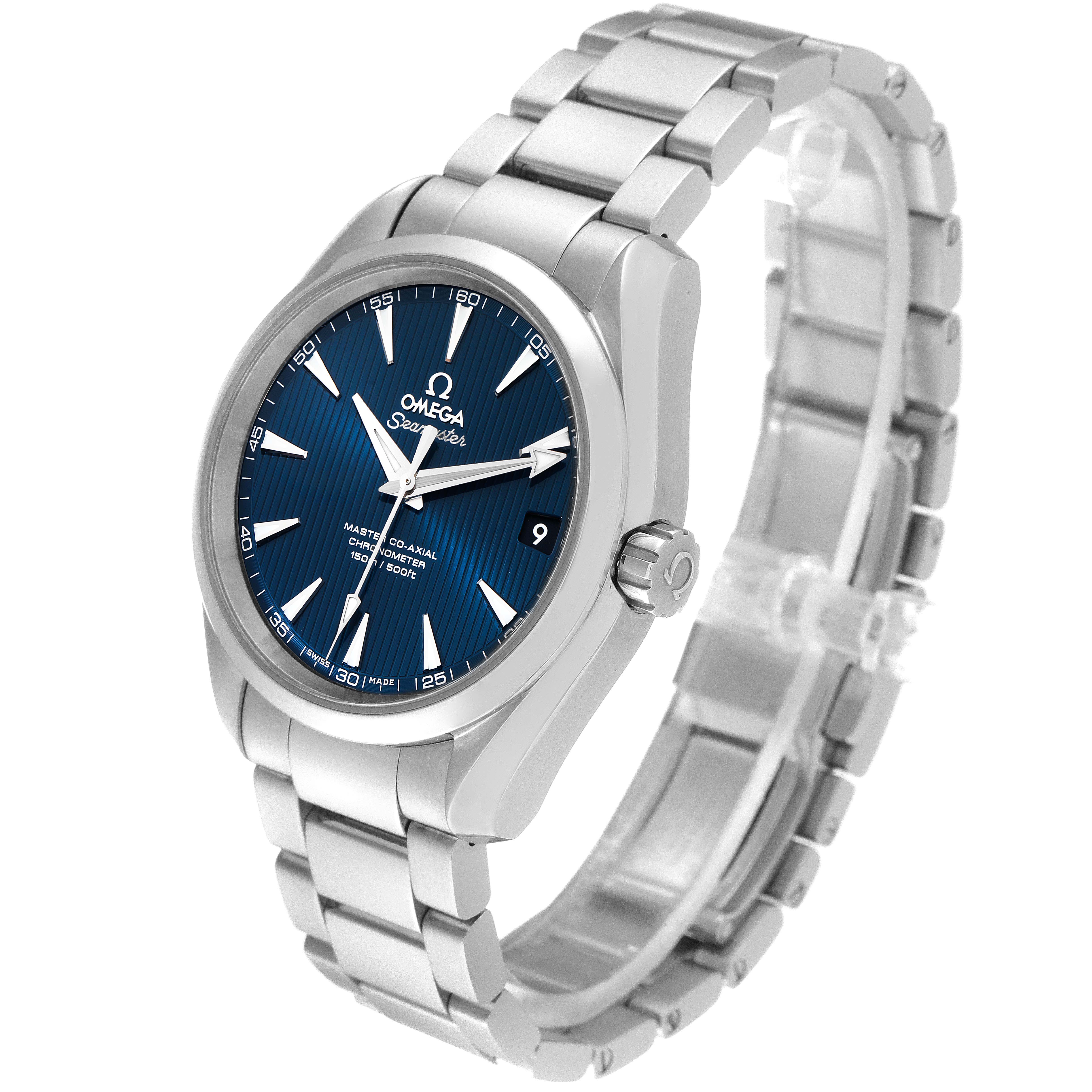 The image shows an Omega Aqua Terra 231.10.39.21.03.002 Men's Stainless Steel Blue Dial 231.10.39.21.03.002 Men's Stainless Steel Blue Dial watch at a slight angle, displaying its face, bezel, crown, and metal strap.