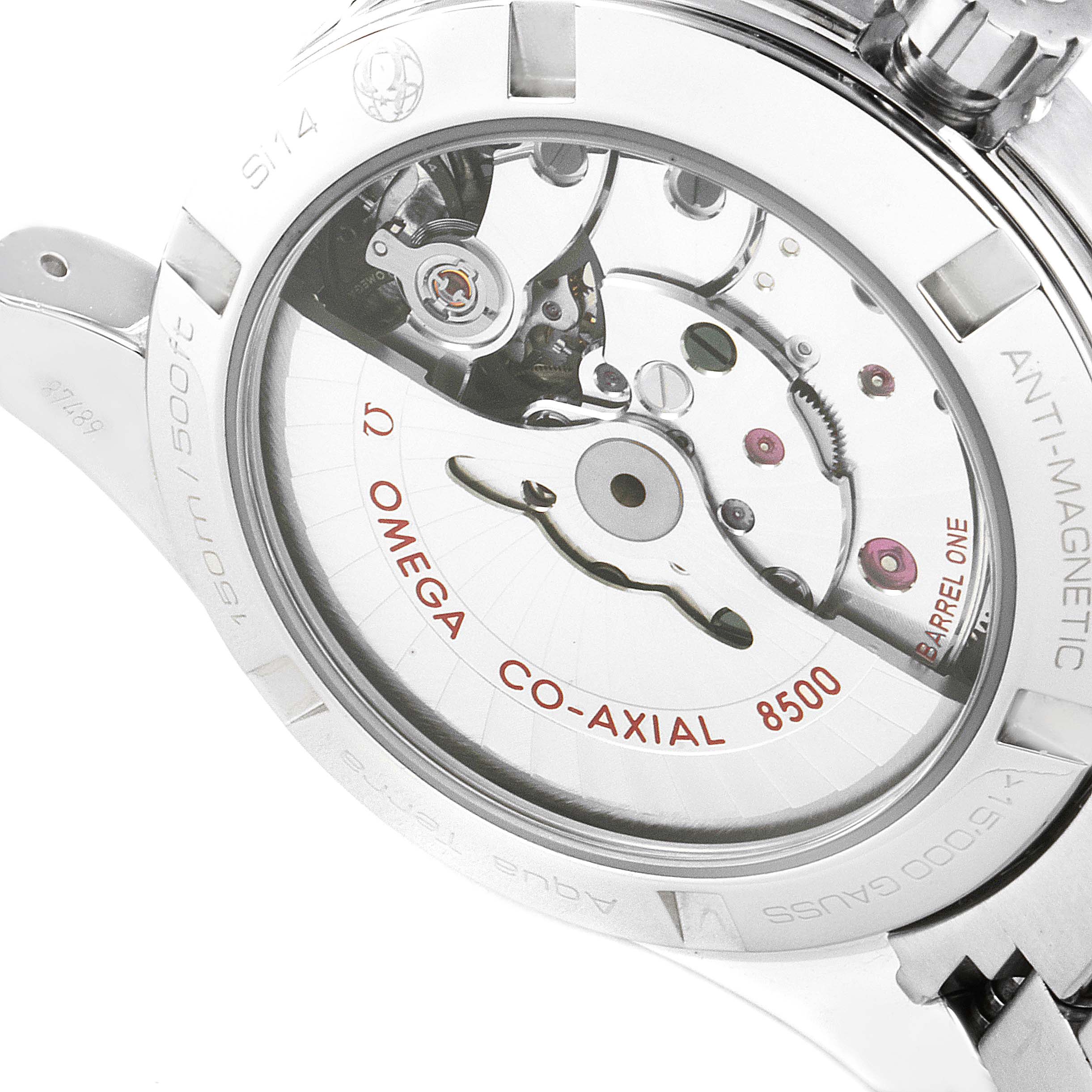 This image shows the back of the Omega Aqua Terra 231.10.39.21.03.002 Men's Stainless Steel Blue Dial 231.10.39.21.03.002 Men's Stainless Steel Blue Dial model, revealing its Co-Axial 8500 movement mechanism.