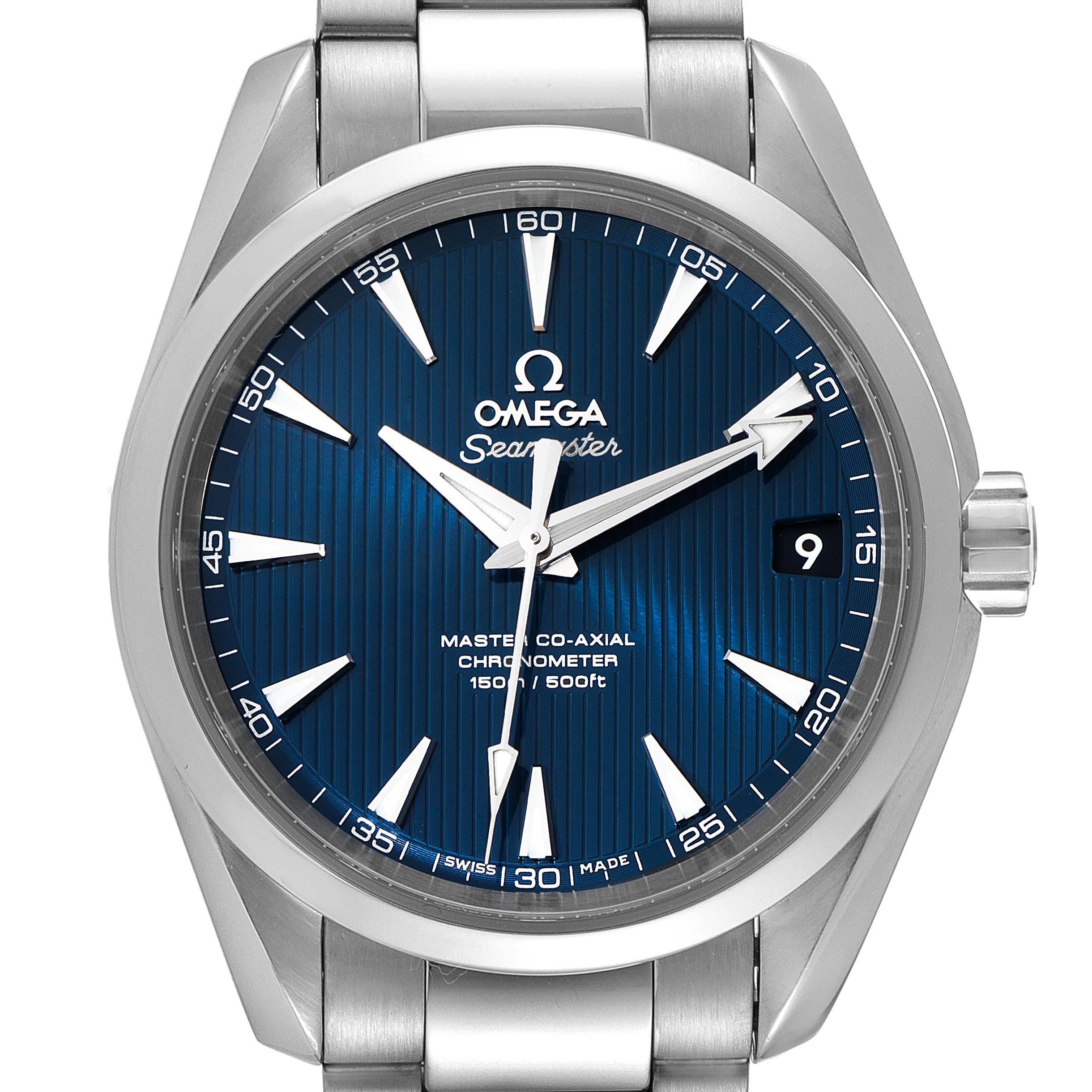 This front view of the Omega Aqua Terra 231.10.39.21.03.002 Men's Stainless Steel Blue Dial 231.10.39.21.03.002 Men's Stainless Steel Blue Dial watch shows the dial, bracelet, crown, hands, indices, and date window.