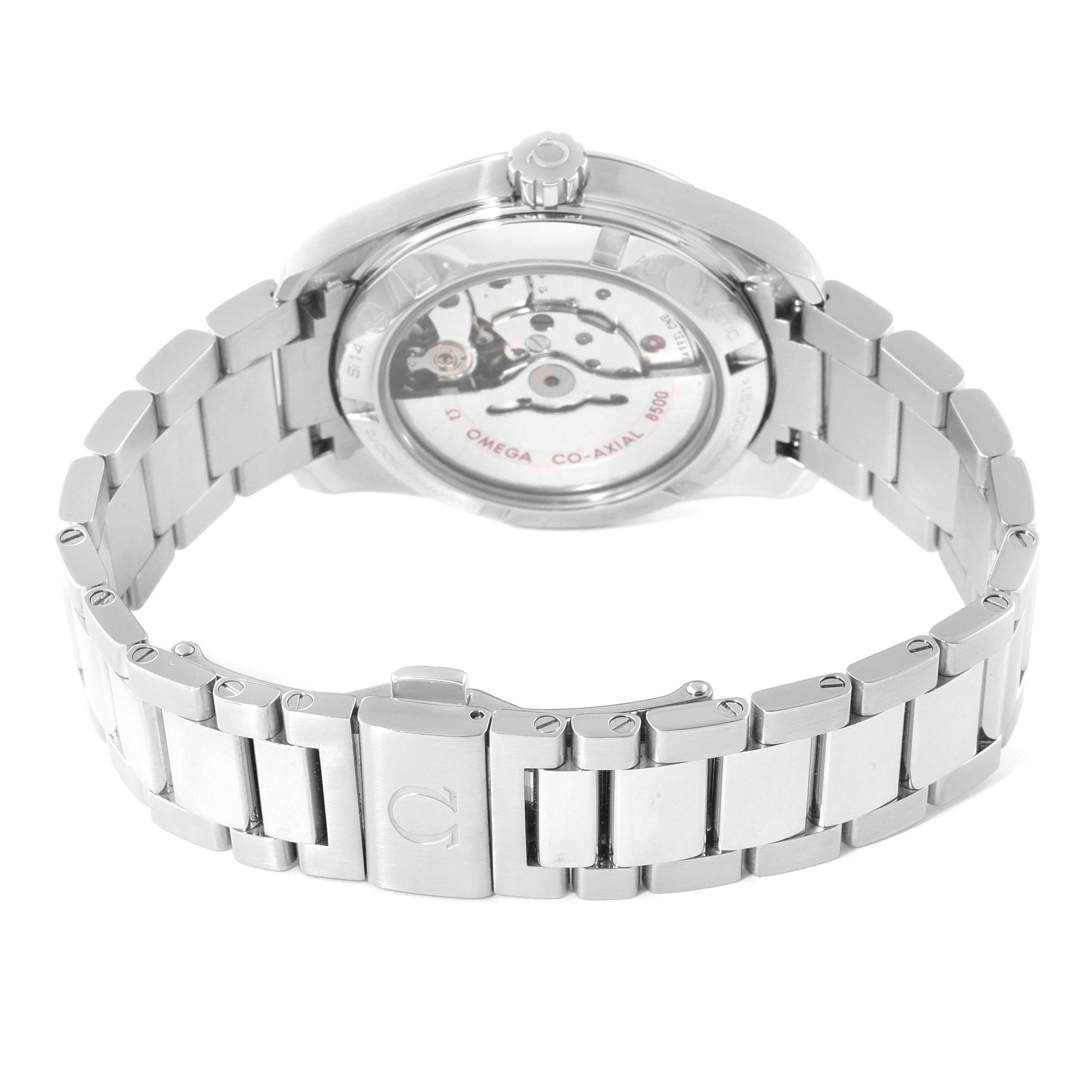 The image shows the back of an Omega Aqua Terra 231.10.39.21.03.002 Men's Stainless Steel Blue Dial 231.10.39.21.03.002 Men's Stainless Steel Blue Dial watch, highlighting its open case back and metal bracelet.