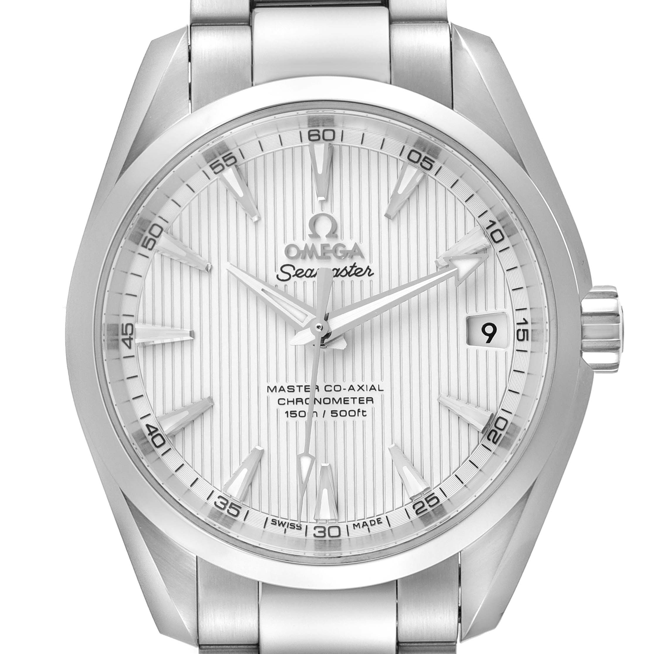 The image shows a frontal view of an Omega Aqua Terra 231.10.39.21.02.002 Men
s Stainless Steel Silver Dial 231.10.39.21.02.002 Men
s Stainless Steel Silver Dial model watch, displaying its face, bezel, and part of the bracelet.