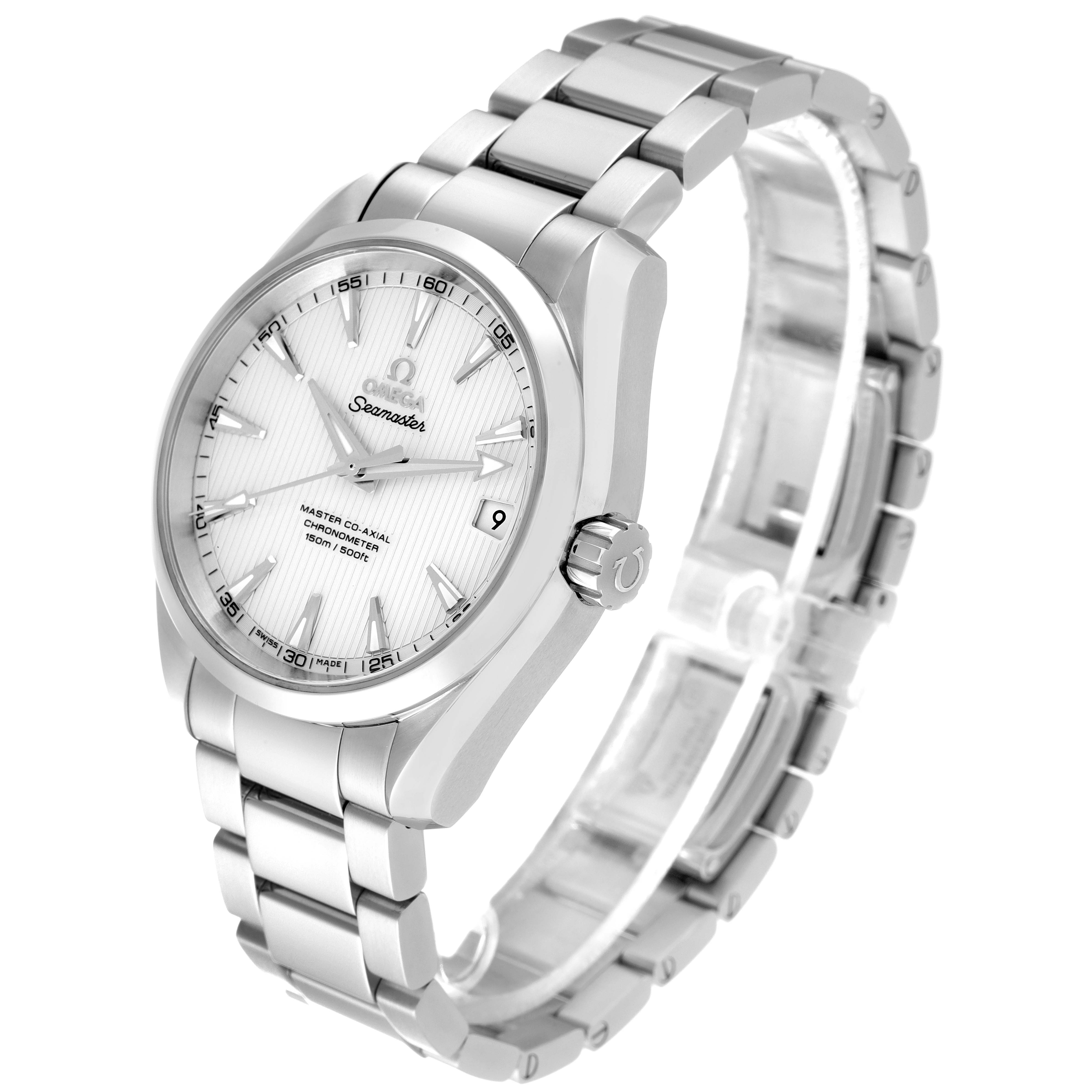 The image shows an Omega Aqua Terra 231.10.39.21.02.002 Men
s Stainless Steel Silver Dial 231.10.39.21.02.002 Men
s Stainless Steel Silver Dial with a stainless steel bracelet, angled slightly from the side.