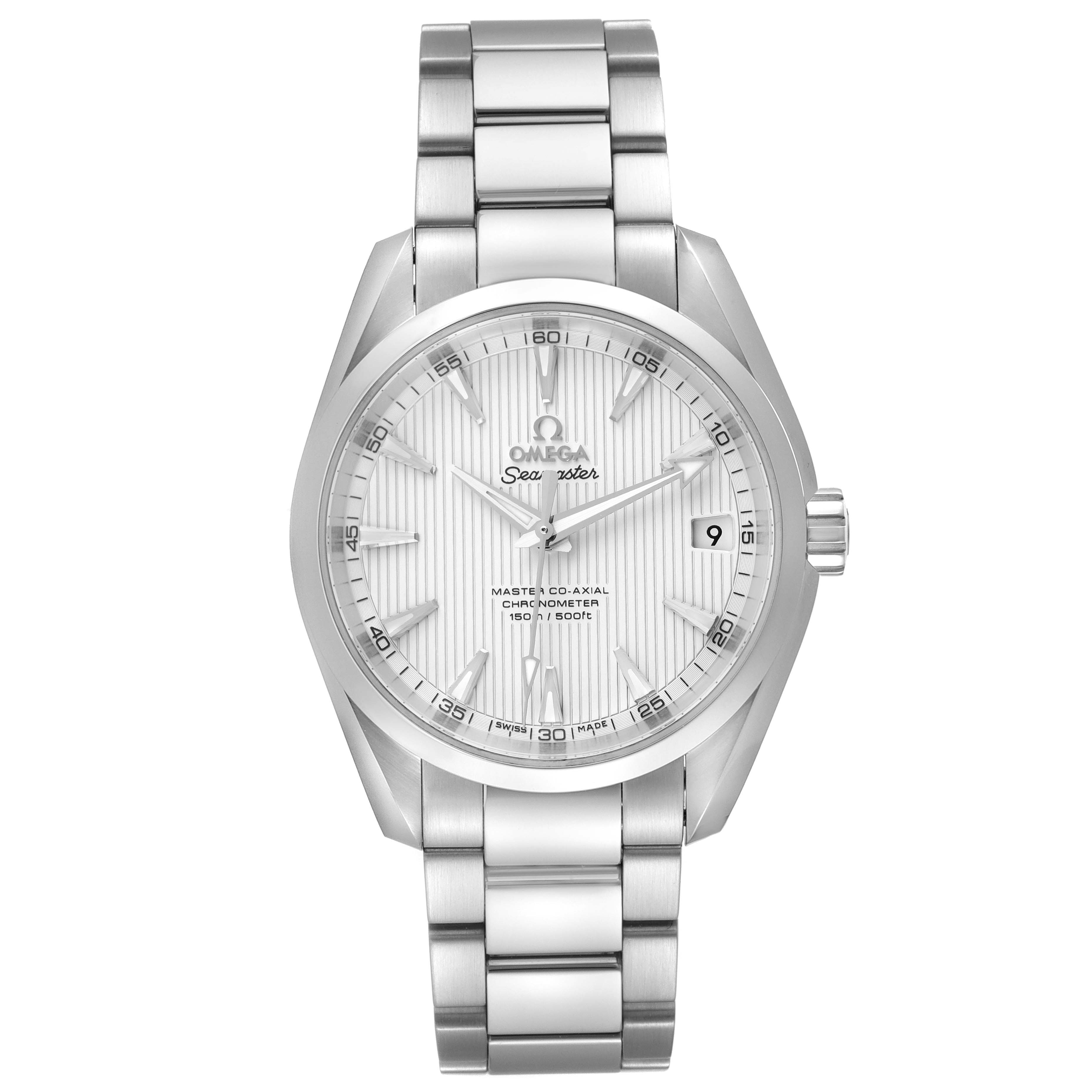 The image shows a front view of the Omega Aqua Terra 231.10.39.21.02.002 Men
s Stainless Steel Silver Dial 231.10.39.21.02.002 Men
s Stainless Steel Silver Dial watch displaying its dial, bracelet, and crown.