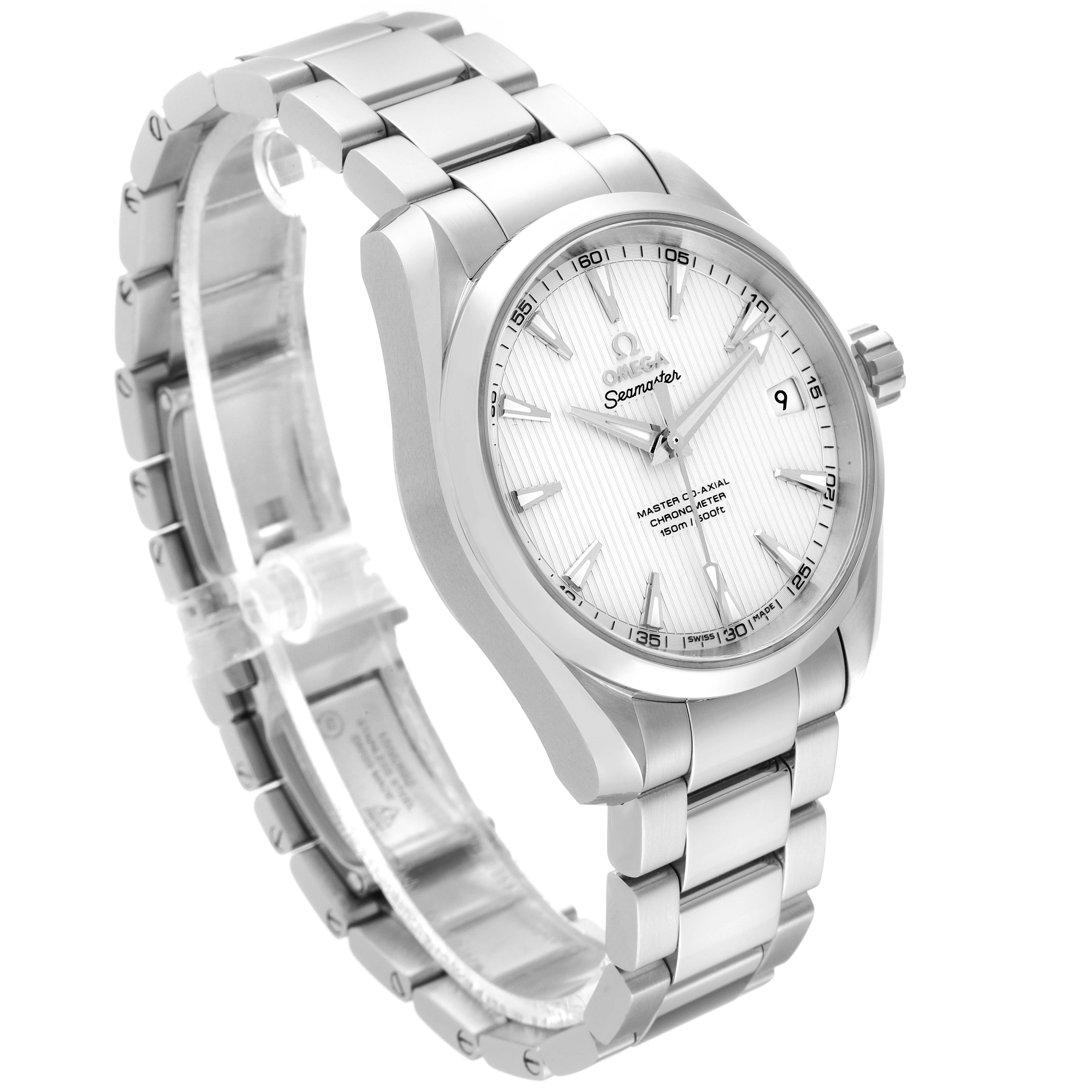 The Omega Aqua Terra 231.10.39.21.02.002 Men
s Stainless Steel Silver Dial 231.10.39.21.02.002 Men
s Stainless Steel Silver Dial watch is shown at a three-quarter angle highlighting the face and metal bracelet.