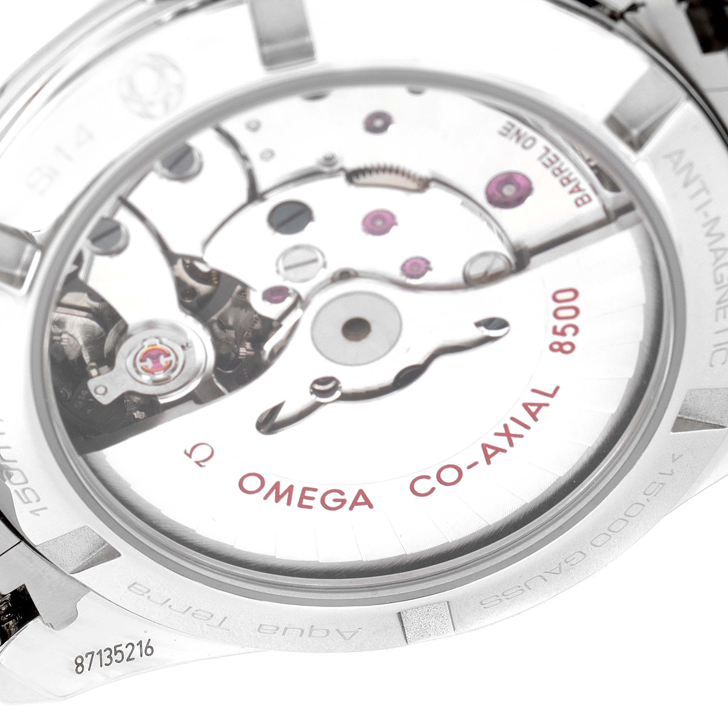 The image shows the back of the Omega Aqua Terra 231.10.39.21.02.002 Men
s Stainless Steel Silver Dial 231.10.39.21.02.002 Men
s Stainless Steel Silver Dial watch, revealing its internal Co-Axial movement mechanism.